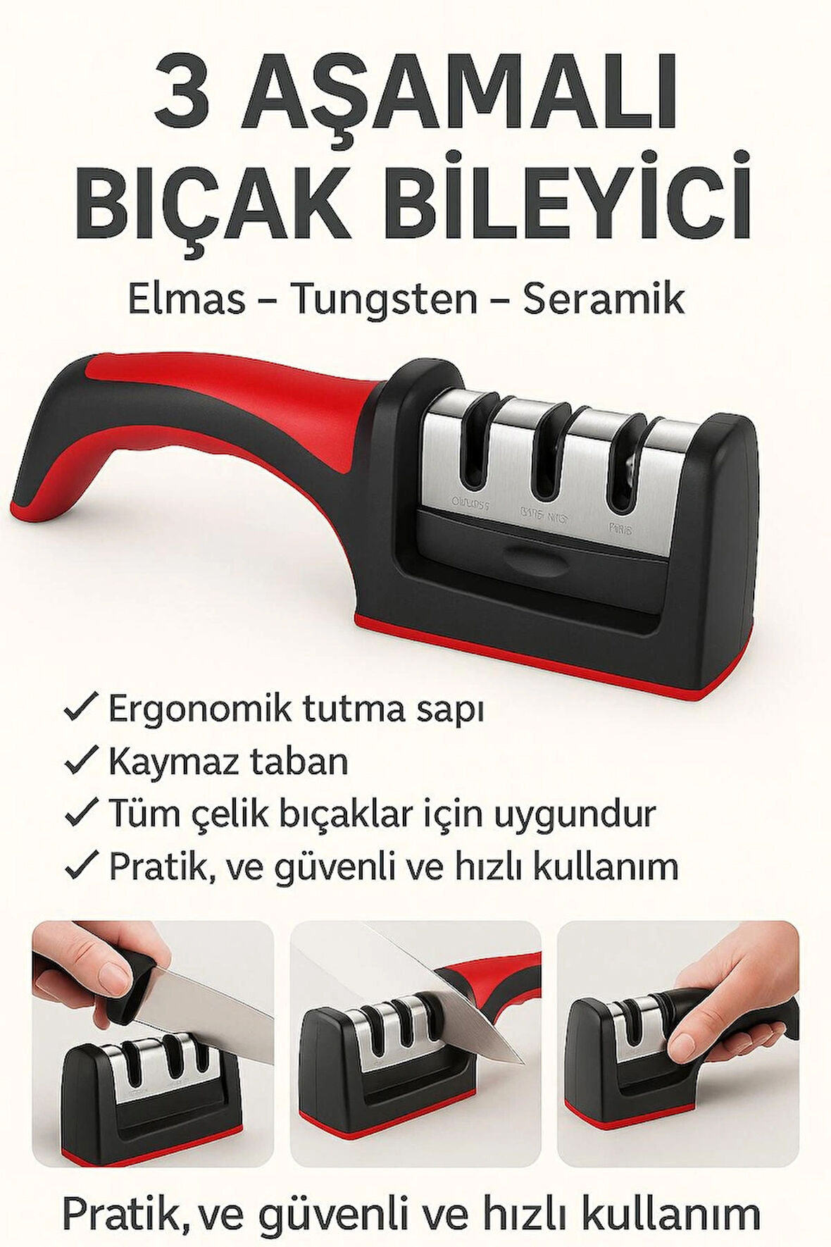 3 Aşamalı Bıçak Bileyici – Elmas, Tungsten ve Seramik Uçlu