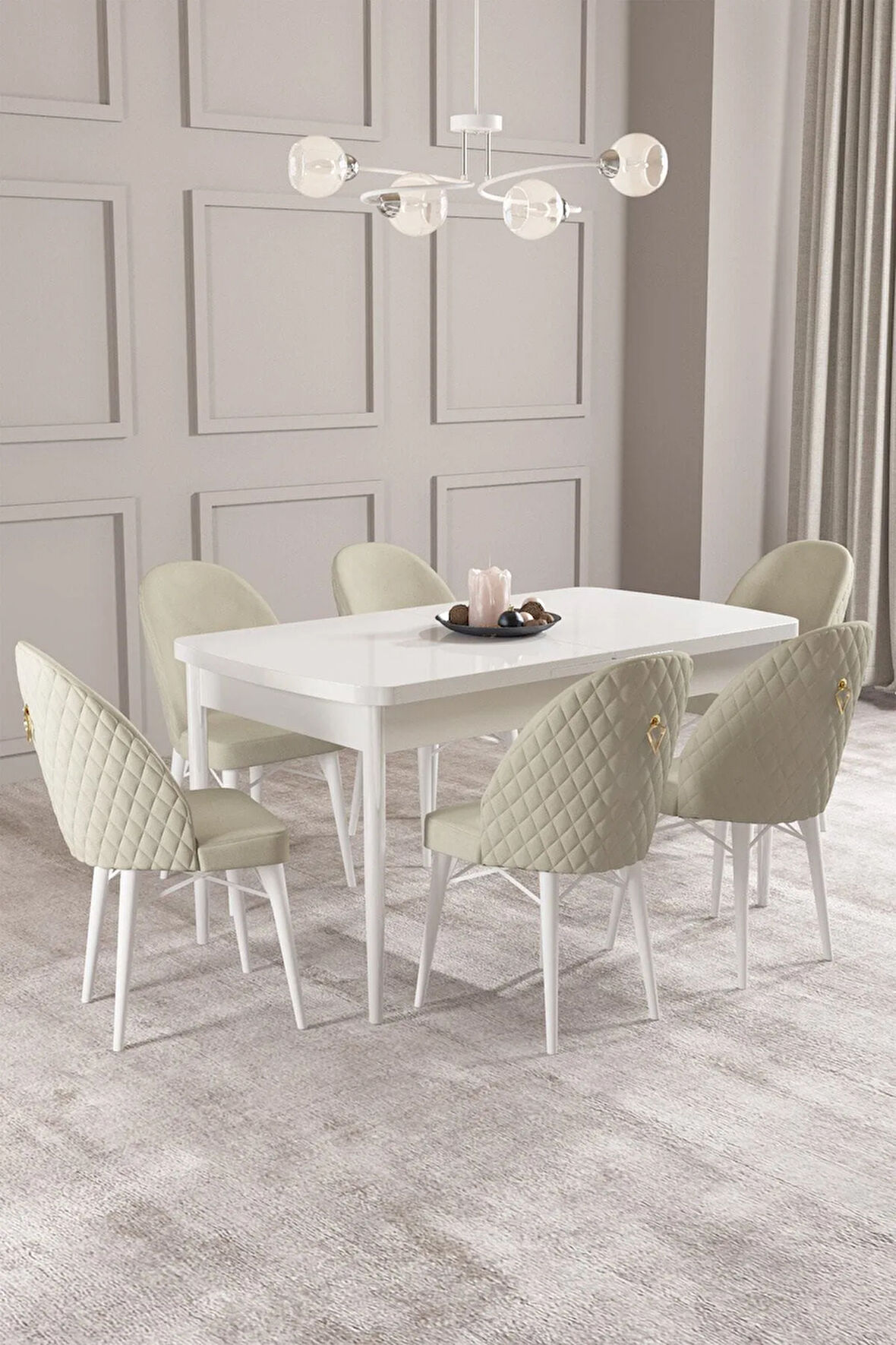 Arya Beyaz 80x132 MDF Açılabilir Mutfak Masası Takımı 6  Sandalye