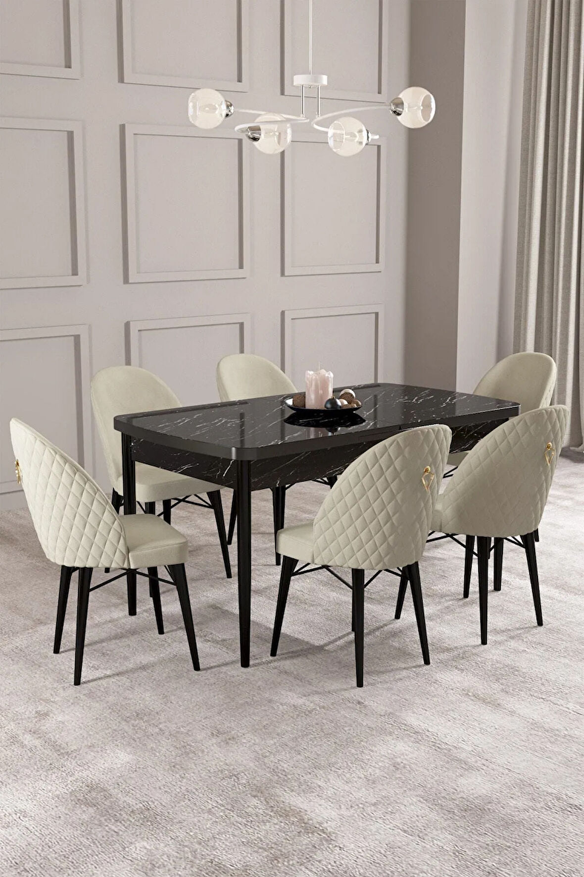 Arya Siyah Mermer Desen 80x132 MDF Açılabilir Mutfak Masası Takımı 6  Sandalye