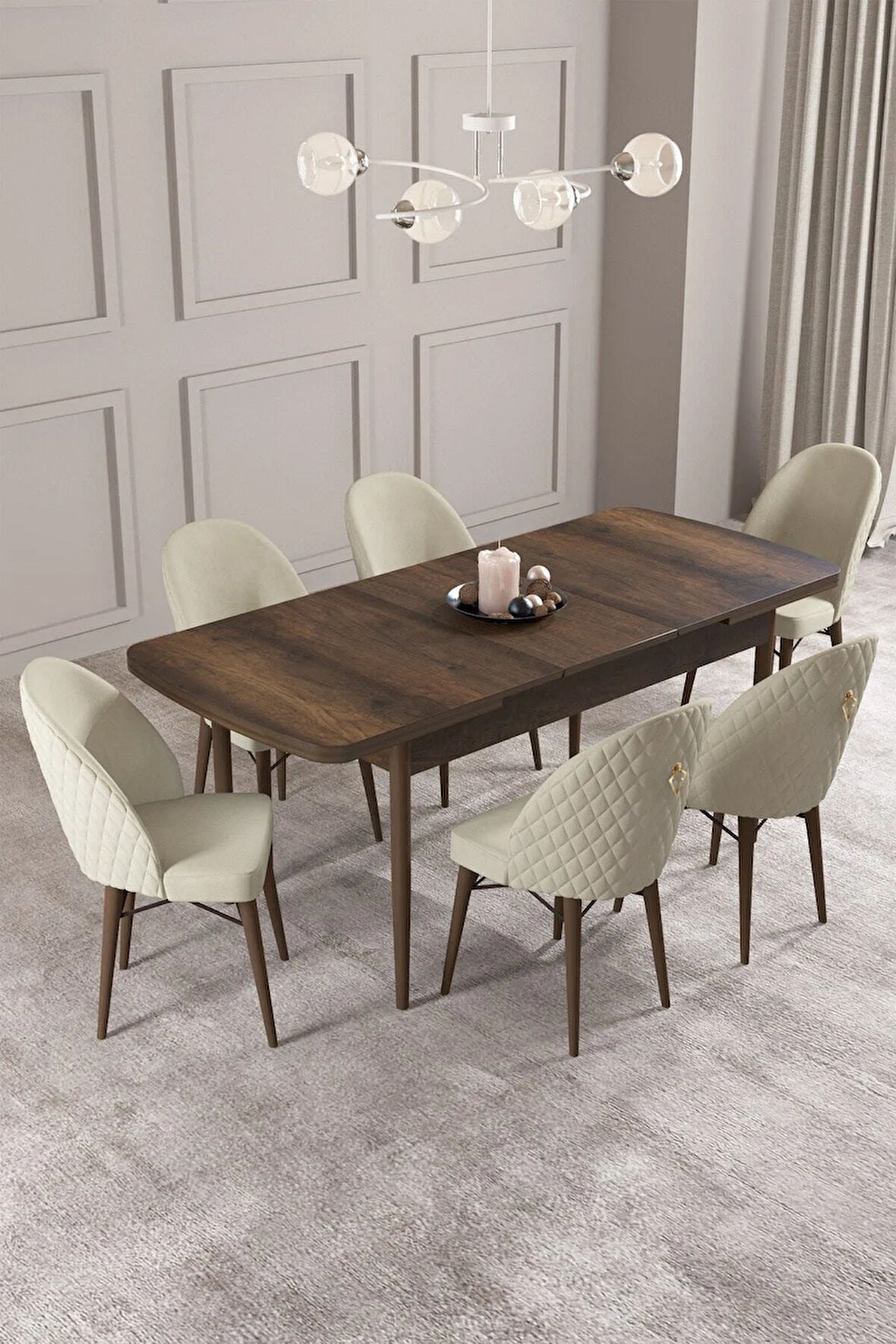 Arya Barok Desen 80x132 MDF Açılabilir Yemek Masası Takımı 6  Sandalye