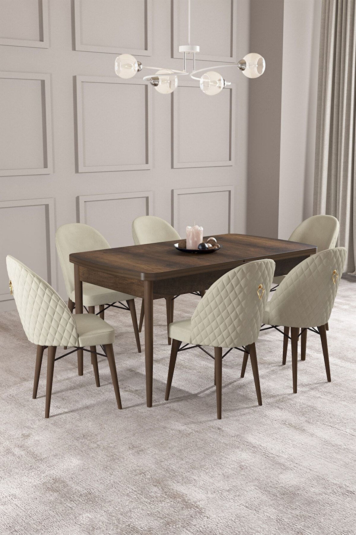 Calvin Barok Desen 80x132 Açılabilir Mdf Masa Yemek Odası Takımı, Mutfak Takımı 6 Adet Sandalye