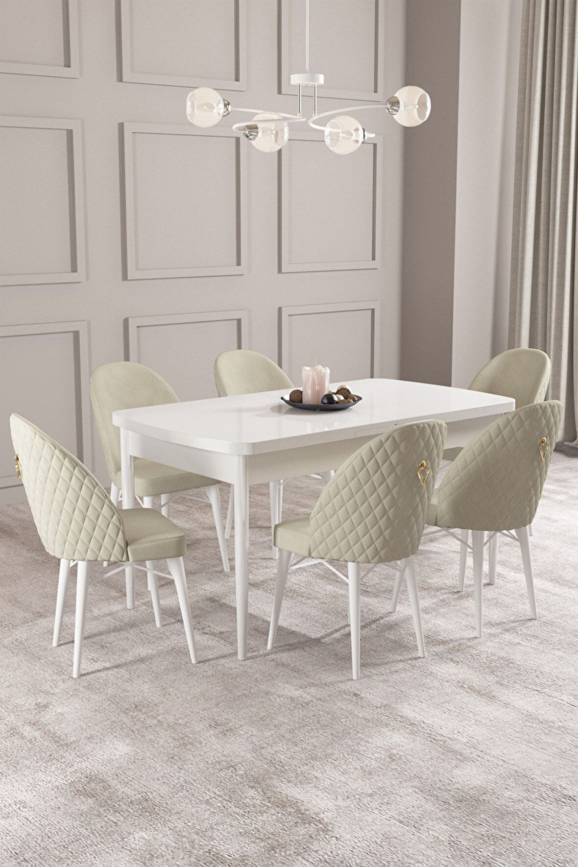 Calvin Beyaz 80x132 Açılabilir Mdf Masa Yemek Odası Takımı, Mutfak Takımı 6 Adet Sandalye