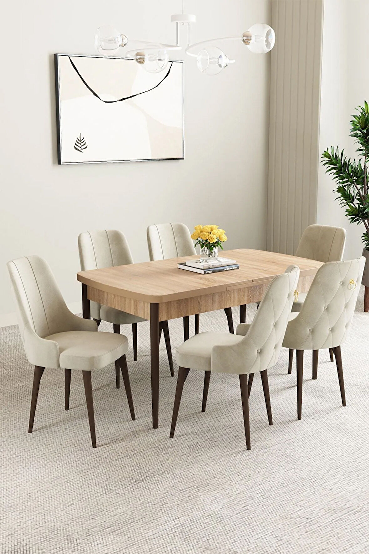 Clara Meşe Desen 80x132 Açılabilir Yemek Odası Takımı 6  Sandalye