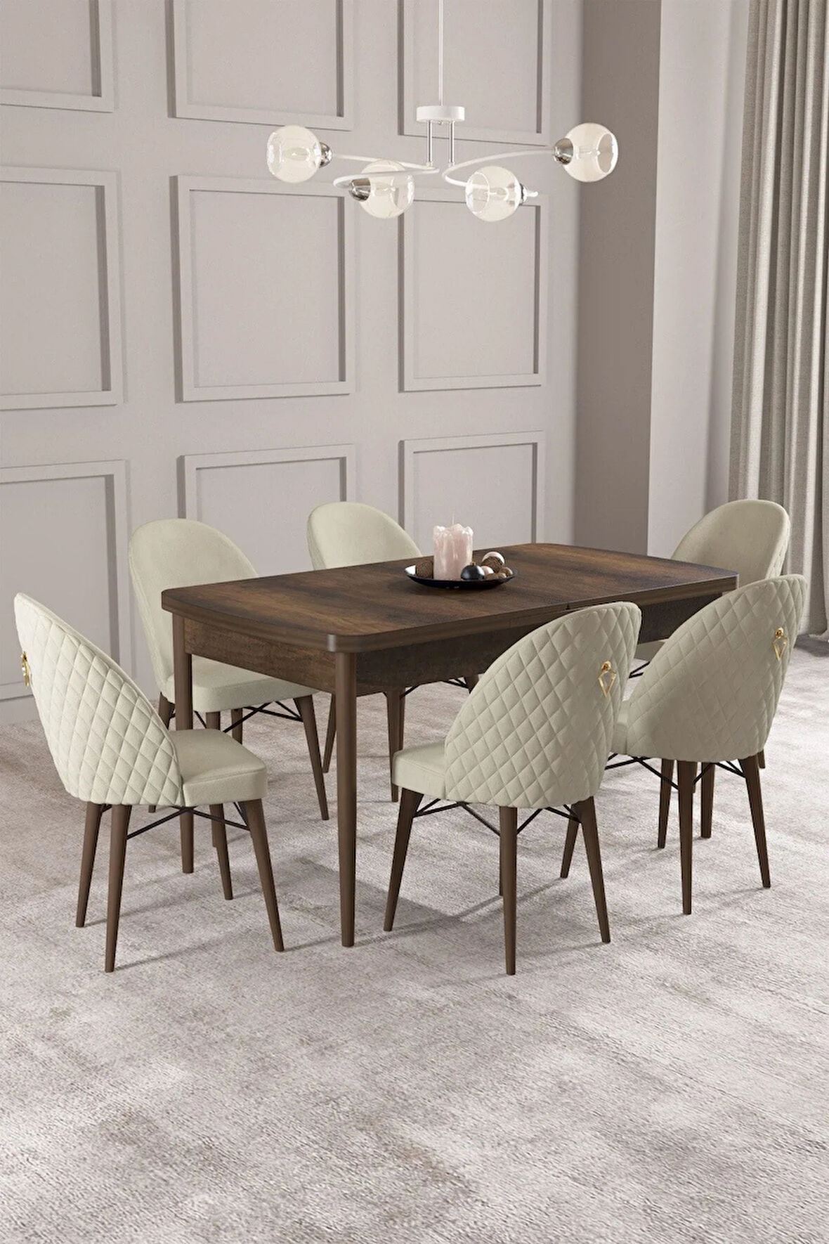 Calvin Barok Desen 80x132 MDF Açılabilir Mutfak Masası Takımı 6  Sandalye