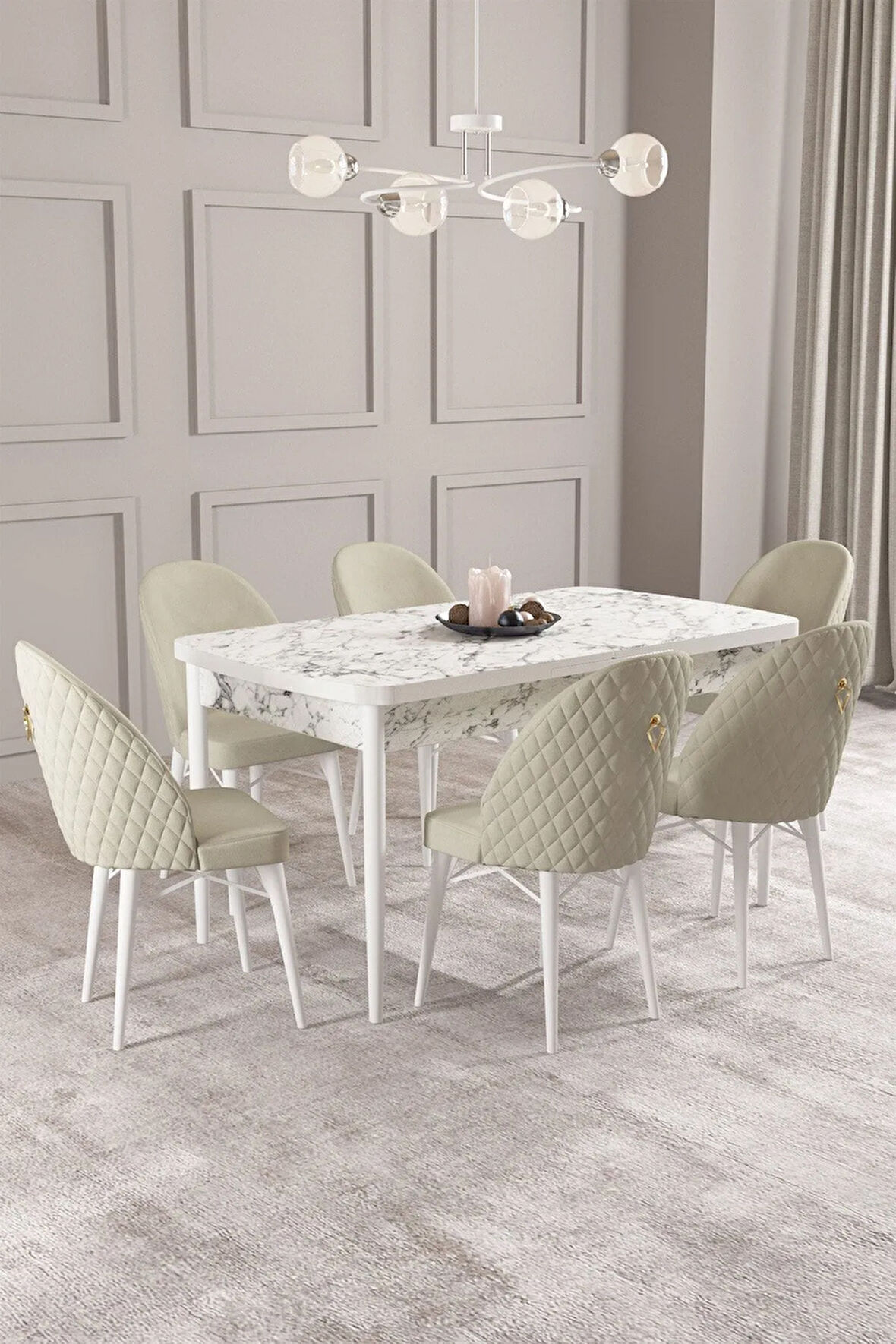 Calvin Beyaz Mermer Desen 80x132 MDF Açılabilir Mutfak Masası Takımı 6  Sandalye