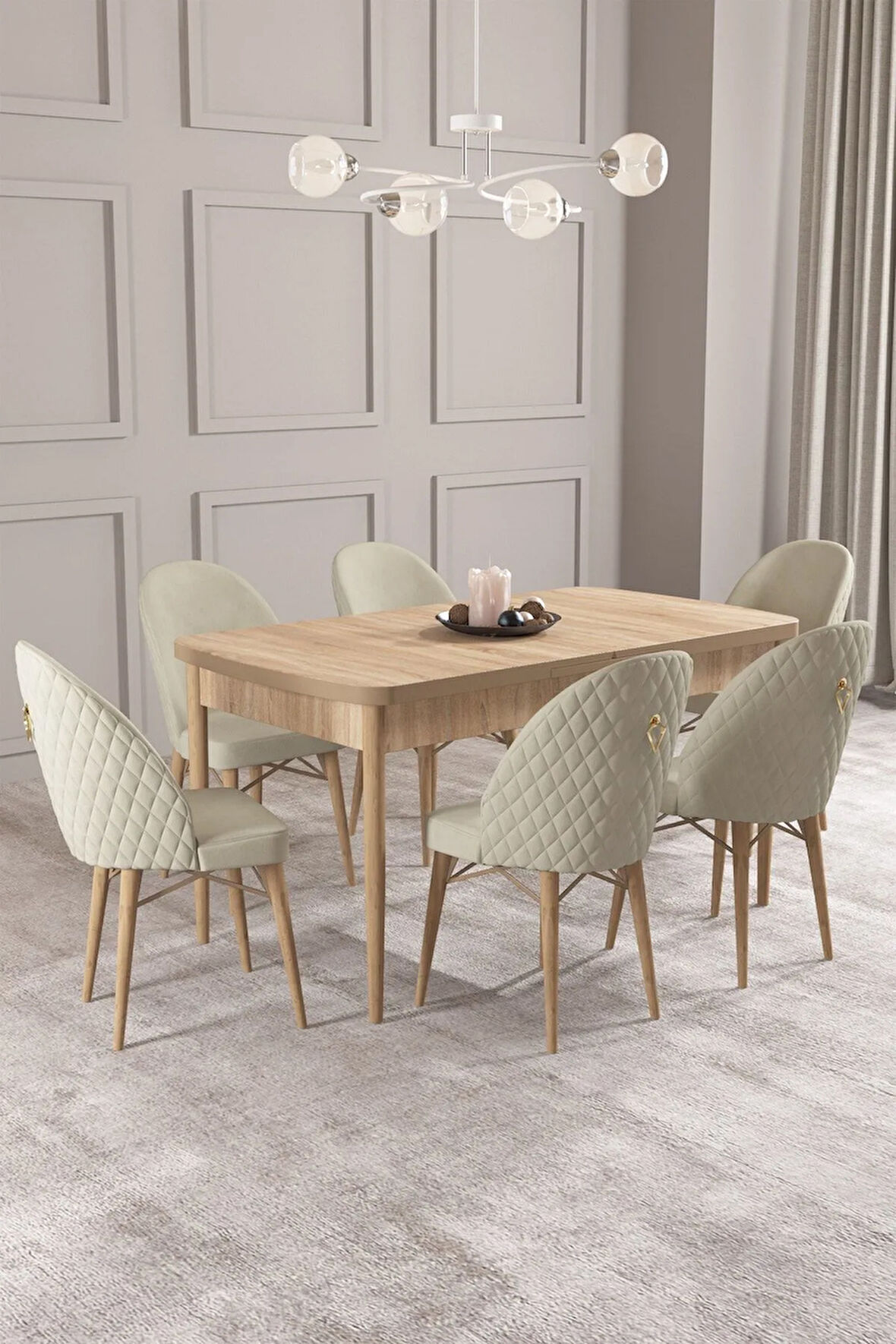 Calvin Meşe Desen 80x132 MDF Açılabilir Mutfak Masası Takımı 6  Sandalye