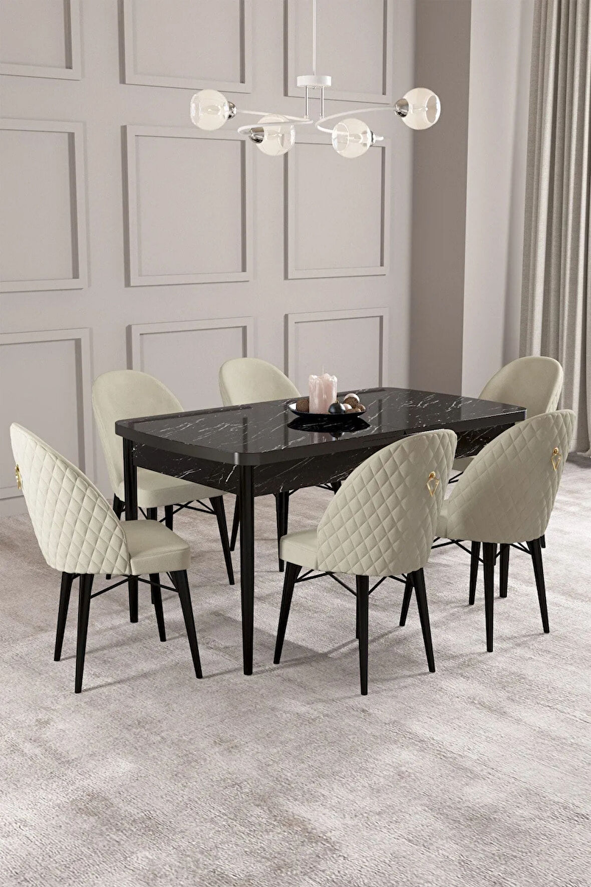 Calvin Siyah Mermer Desen 80x132 MDF Açılabilir Mutfak Masası Takımı 6  Sandalye