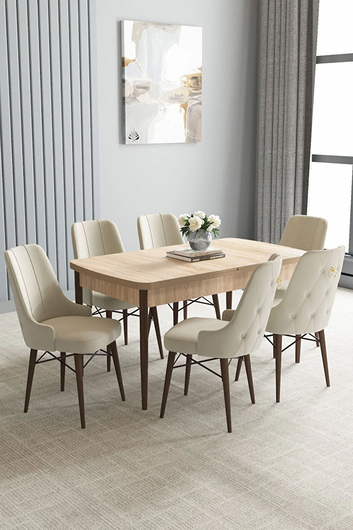 Jusie Meşe Desen 80x132 Açılabilir Yemek Odası Takımı 6  Sandalye