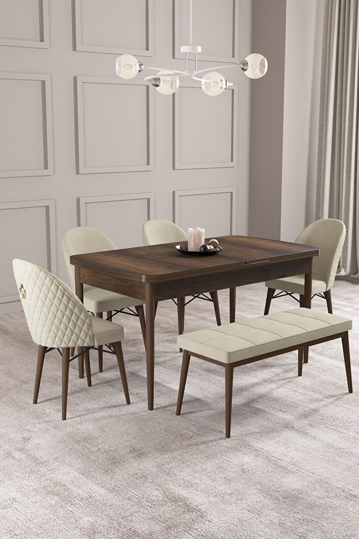 Calvin Barok 80x132 Açılabilir Mdf Masa Yemek Odası Takımı, Mutfak Takımı 4 Sandalye, 1 Bench