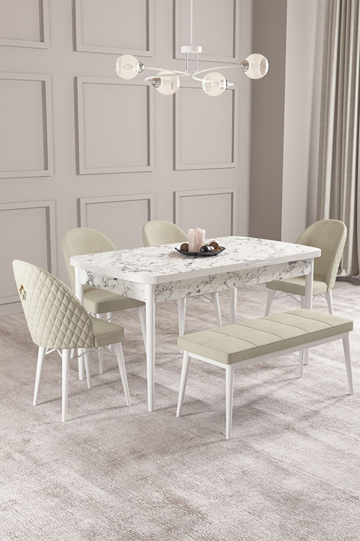 Calvin Beyaz Mermer 80x132 Açılabilir Mdf Masa Yemek Odası Takımı, Mutfak Takımı 4 Sandalye, 1 Bnch 