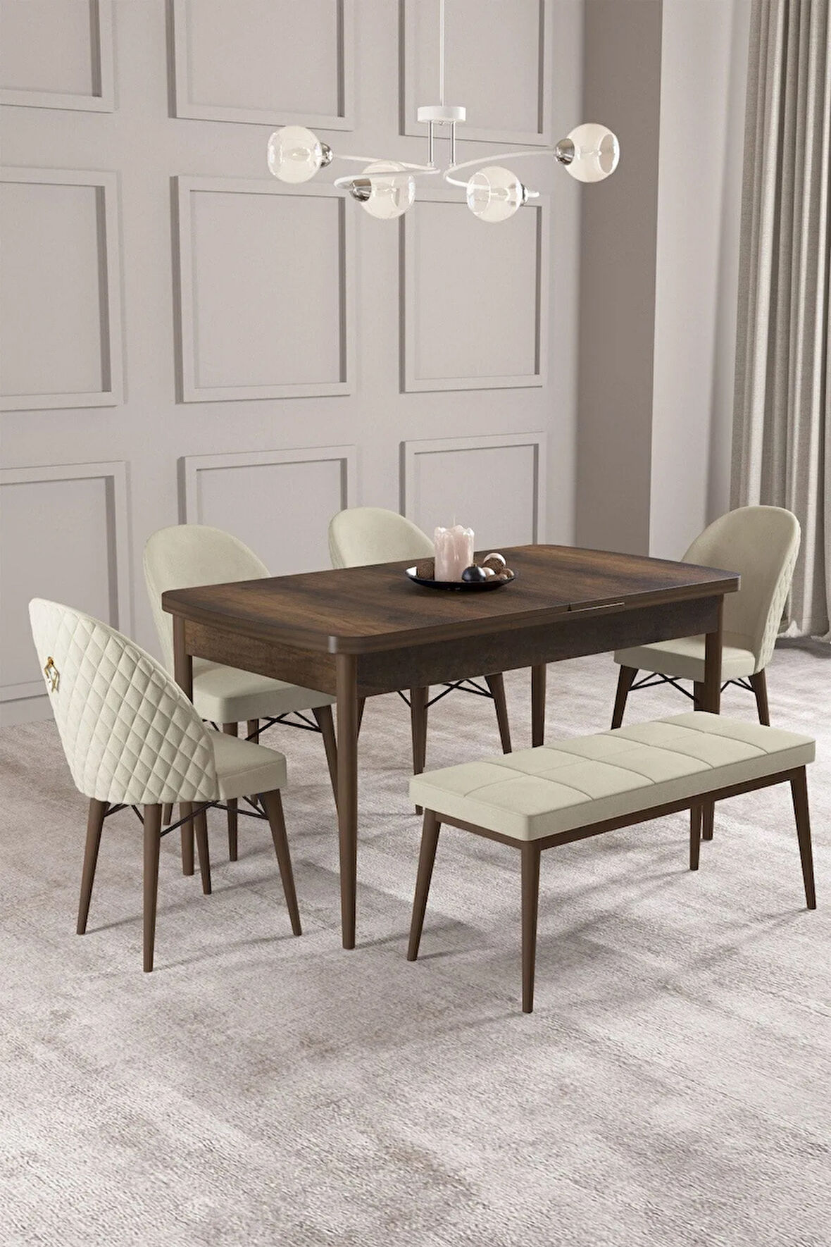 Calvin Barok Desen 80x132 MDF Açılabilir Mutfak Masası Takımı 4 Sandalye, 1 Bench