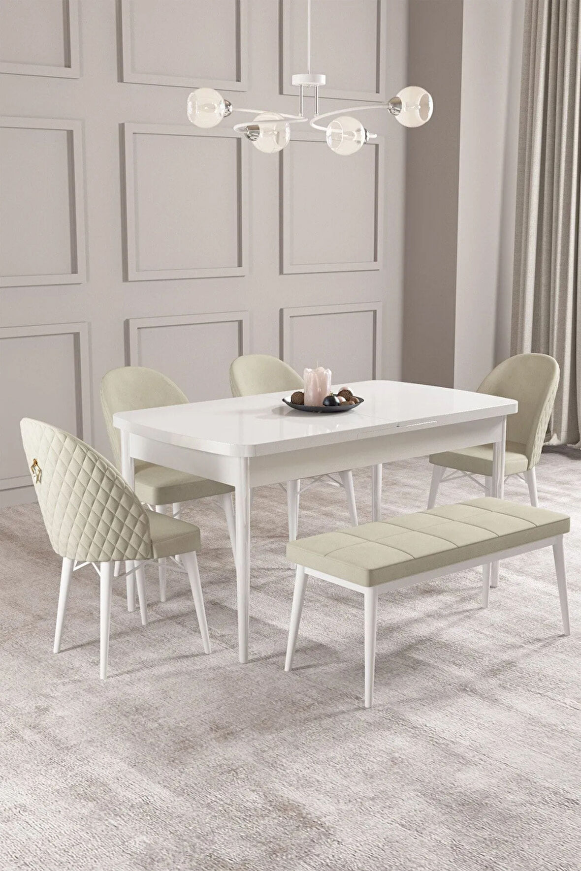 Calvin Beyaz 80x132 MDF Açılabilir Mutfak Masası Takımı 4 Sandalye, 1 Bench