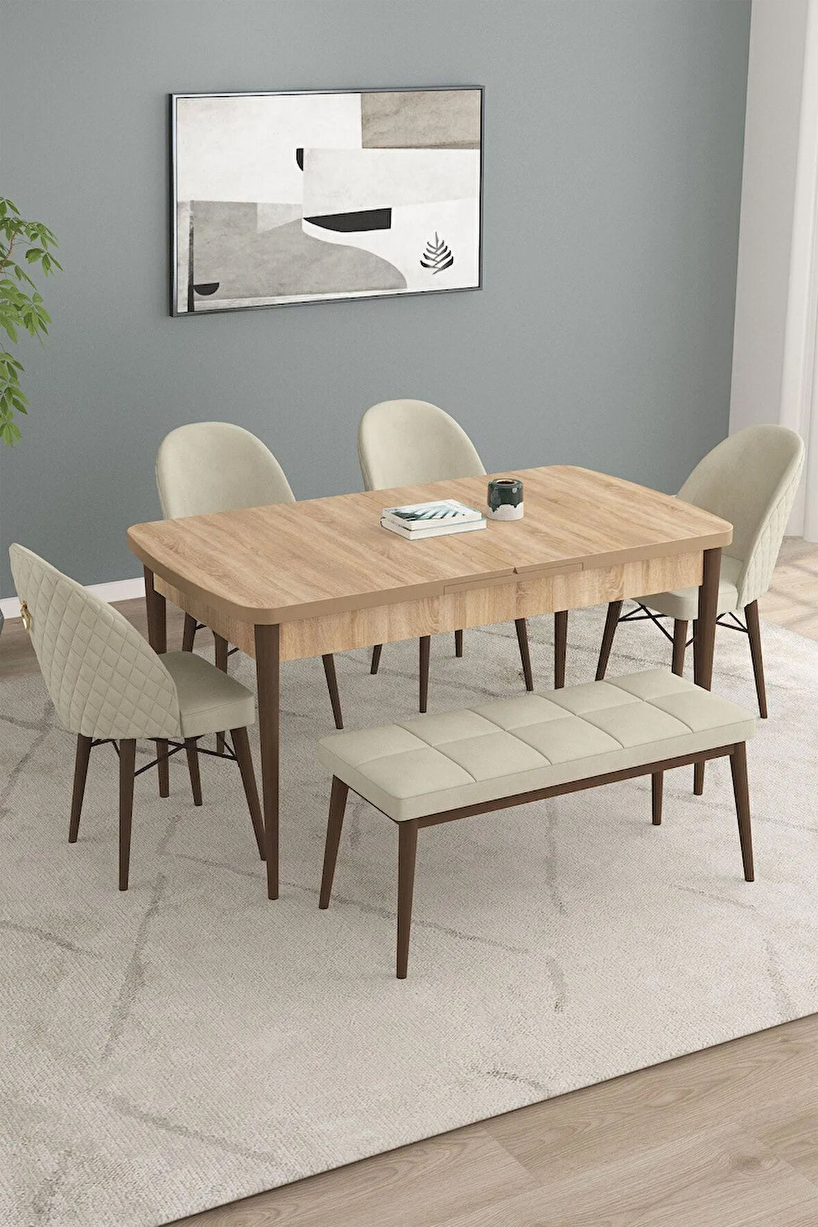 Calvin Meşe Desen 80x132 MDF Açılabilir Mutfak Masası Takımı 4 Sandalye, 1 Bench