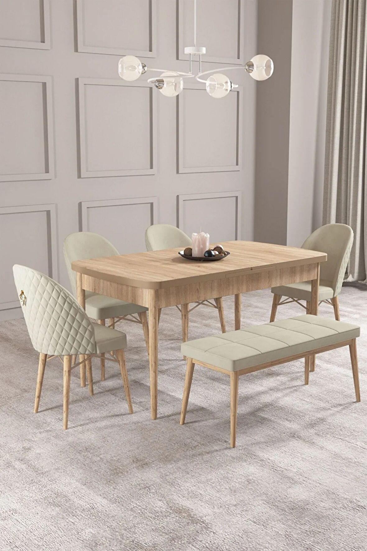 Calvin Meşe Desen 80x132 MDF Açılabilir Mutfak Masası Takımı 4 Sandalye, 1 Bench