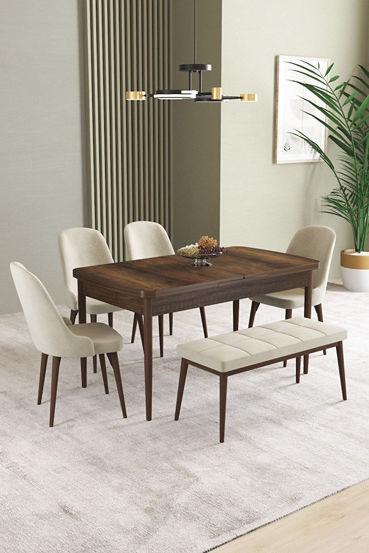 Ikon Barok Desen 80x132 Açılabilir Mdf Masa Yemek Odası Takımı, Mutfak Takımı 4 Sandalye, 1 Bench