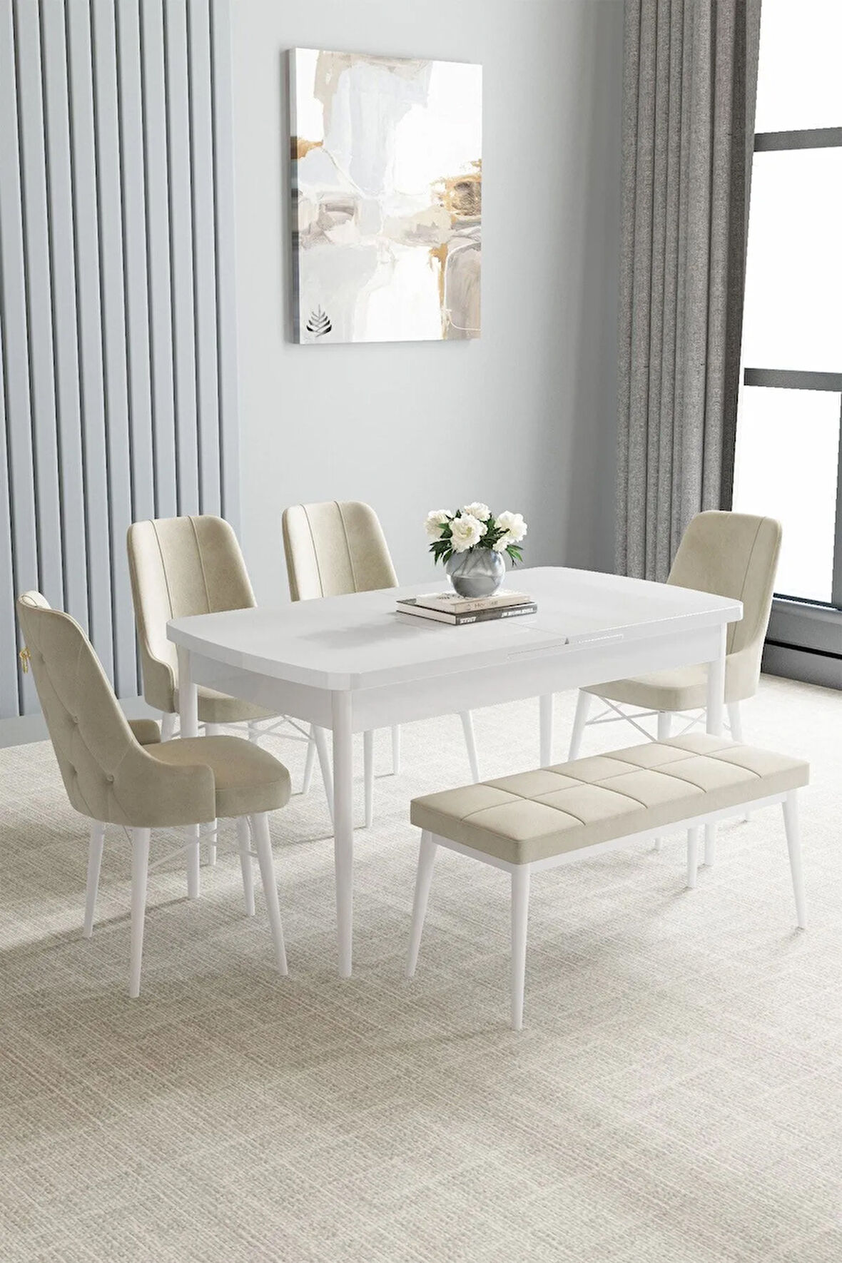 Jusie Beyaz 80x132 Açılabilir Mutfak Masası Takımı 4 Sandalye, 1 Bench