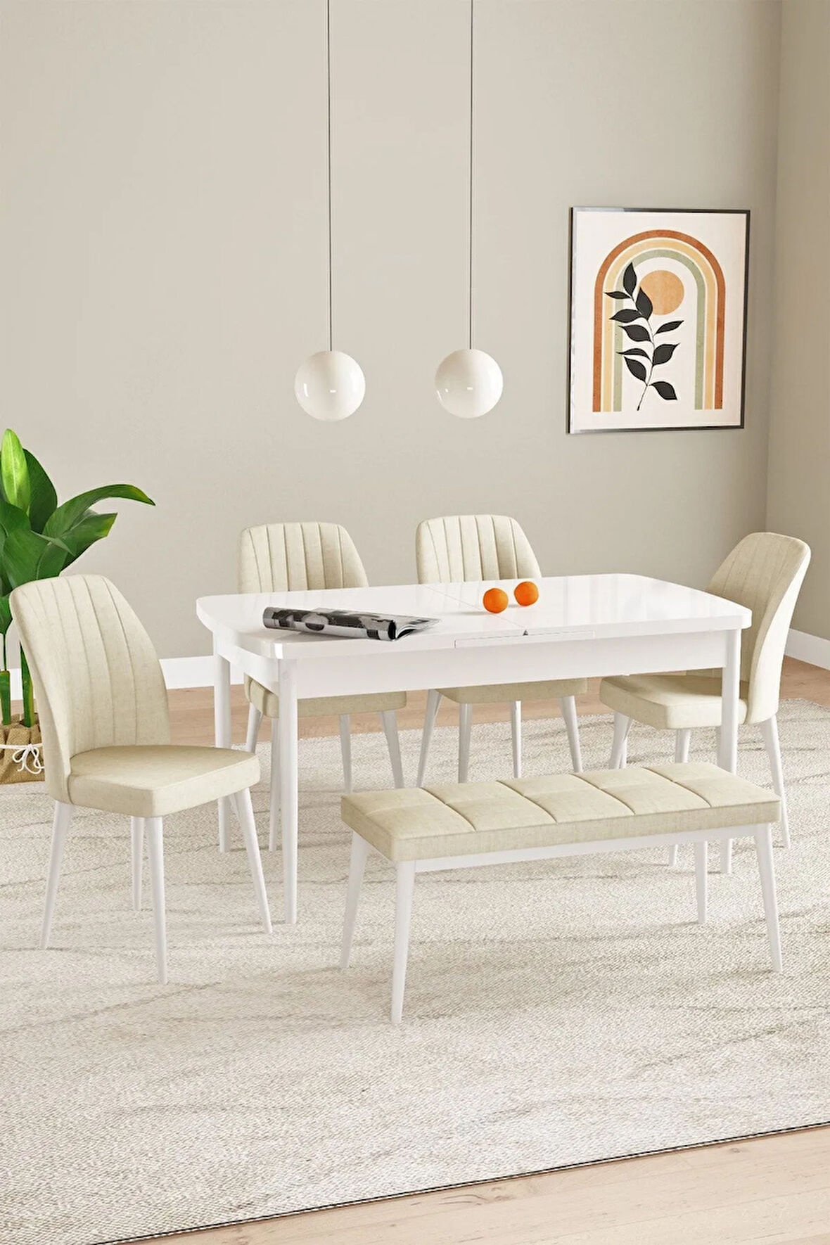 Laris Beyaz 80 X 132 Benchli Açılabilir MDF Mutfak Masa Takımı 4 Sandalye