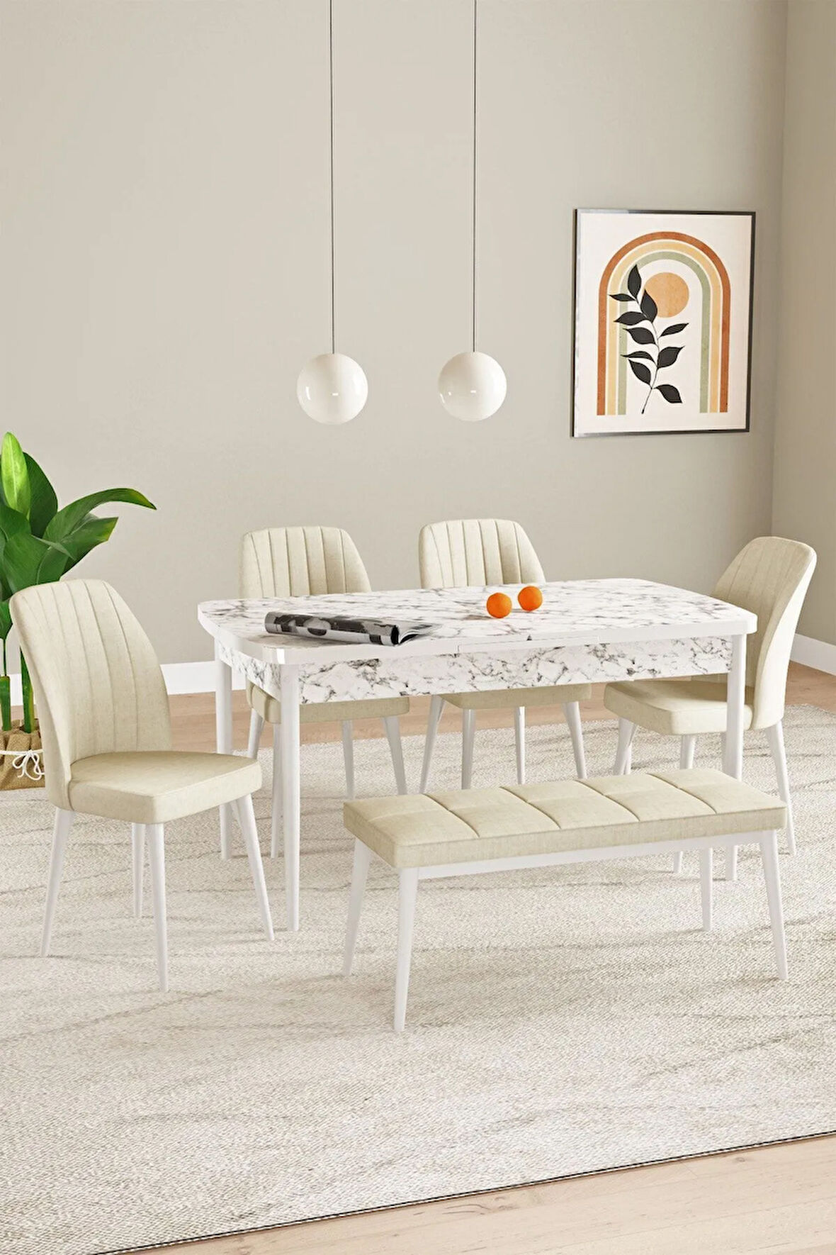 Laris Beyaz Mermer Desen 80 X 132 Benchli Açılabilir MDF Mutfak Masa Takımı 4 Sandalye