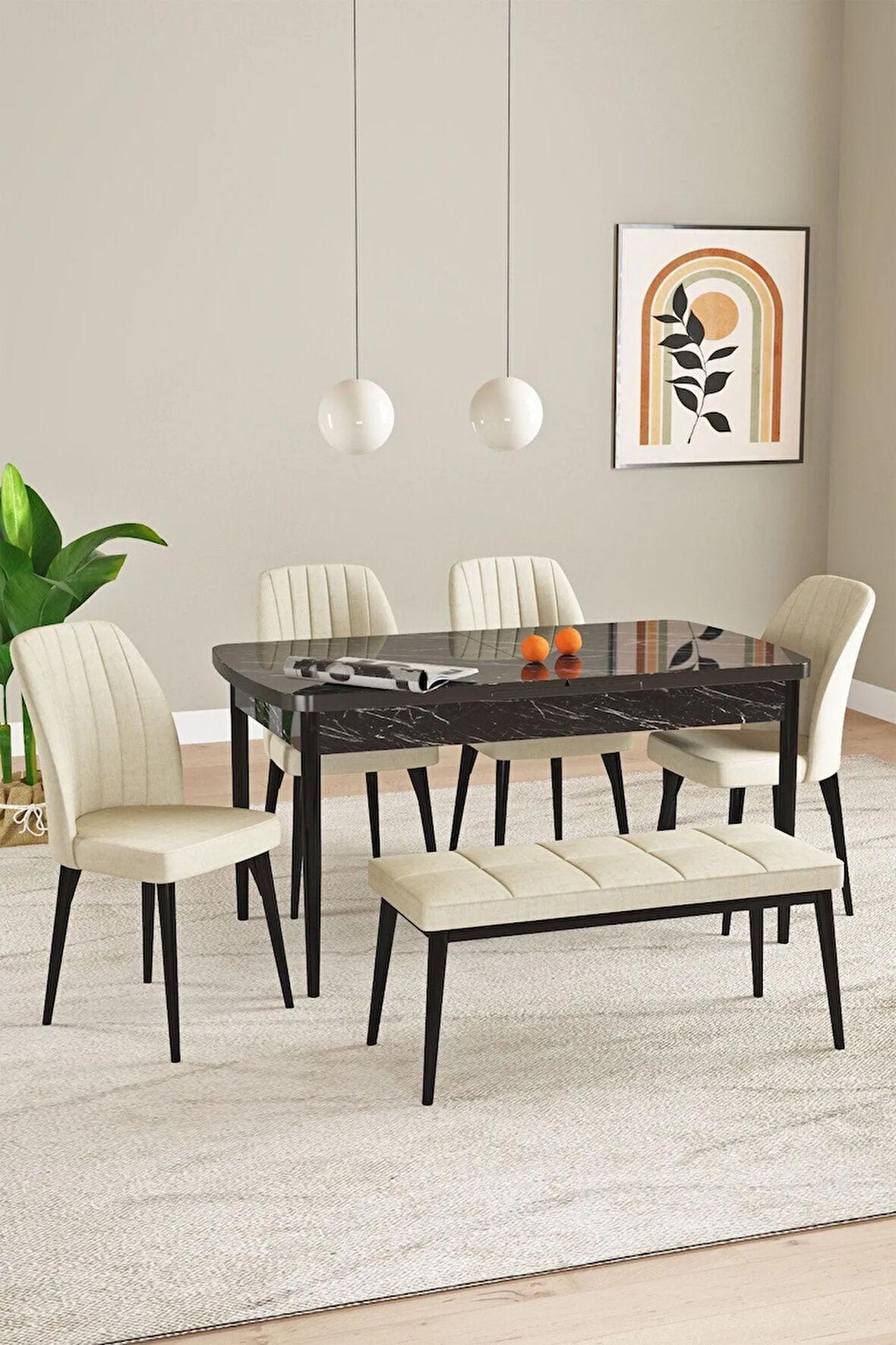 Laris Siyah Mermer Desen 80 X 132 Benchli Açılabilir MDF Mutfak Masa Takımı 4 Sandalye