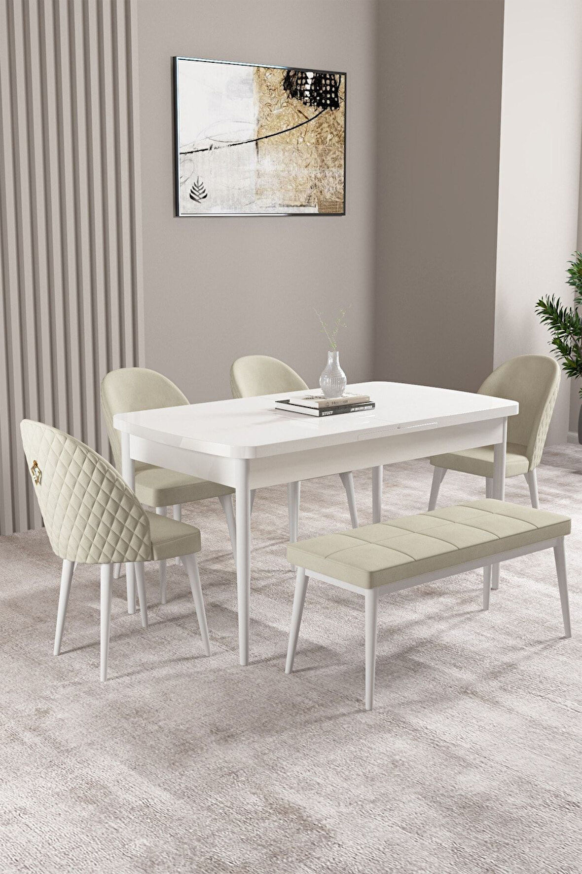 Milas Beyaz 80x132 Açılabilir Mdf Masa Yemek Odası Takımı, Mutfak Takımı 4 Sandalye, 1 Bench