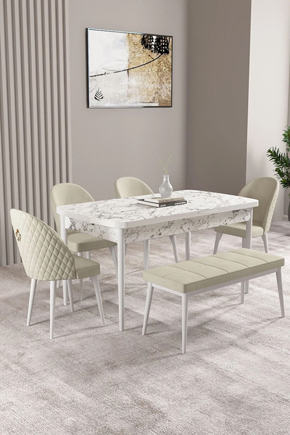 Milas Beyaz Mermer Desen 80x132 MDF Açılabilir Yemek Masası Takımı 4 Sandalye, 1 Bench
