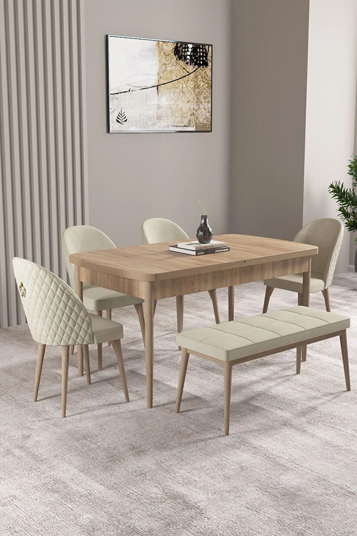 Milas Meşe Desen 80x132 MDF Açılabilir Yemek Masası Takımı 4 Sandalye, 1 Bench