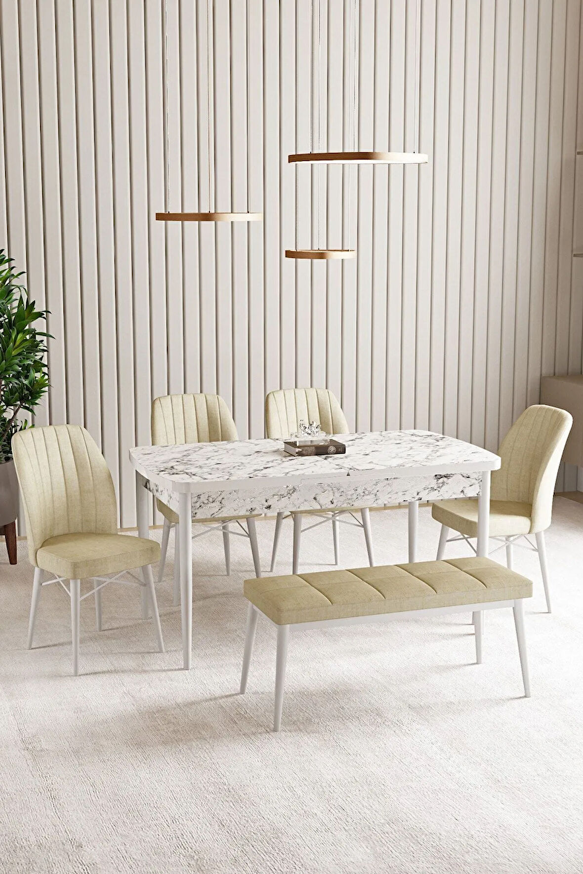 Vien Beyaz Mermer Desen 80 X 132 Açılabilir MDF Mutfak Masası 4 Sandalye, 1 Bench