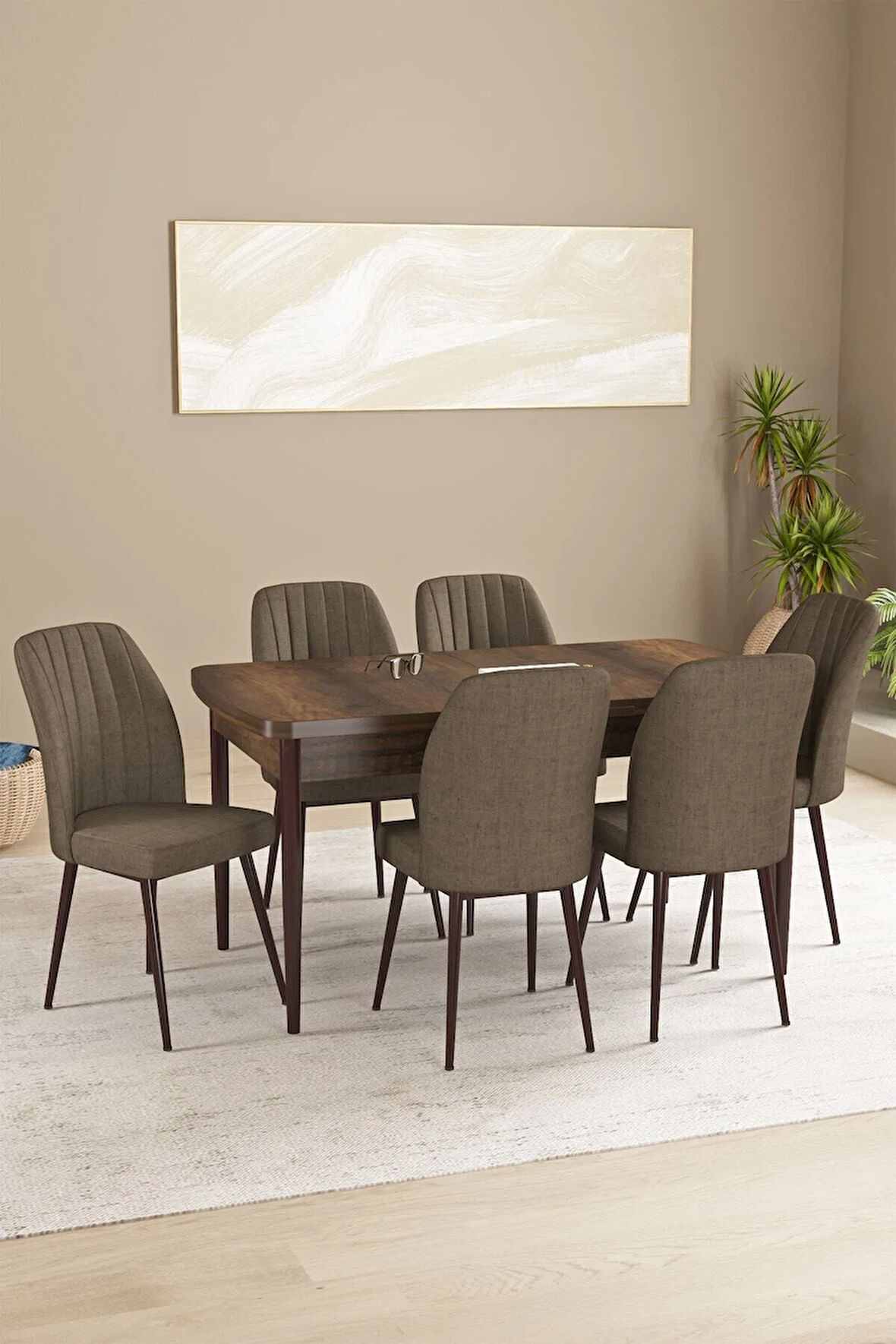Vien Siyah Mermer Desen 80 X 132 Açılabilir MDF Mutfak Masası 4 Sandalye, 1 Bench