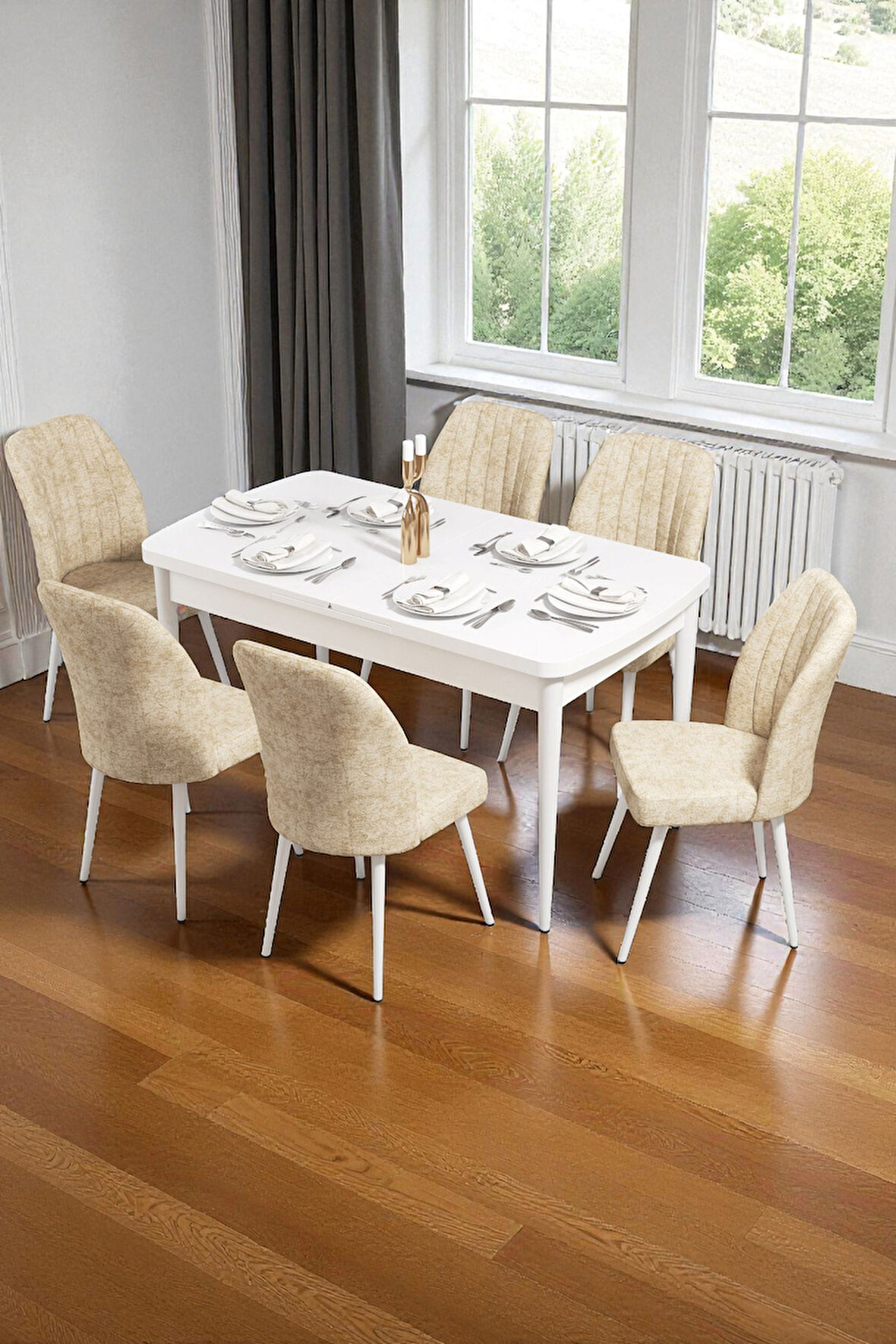 Bara Beyaz 80X132 Açılabilir Sunta Masa Yemek Odası Takımı, Mutfak Takımı 6 Adet Sandalye