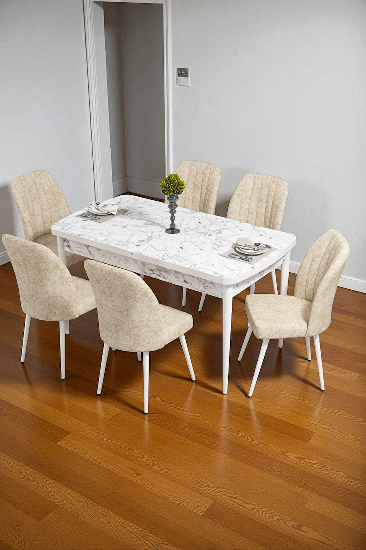 Bara Beyaz Mermer 80X132 Açılabilir Sunta Masa Yemek Odası Takımı, Mutfak Takımı 6 Adet Sandalye