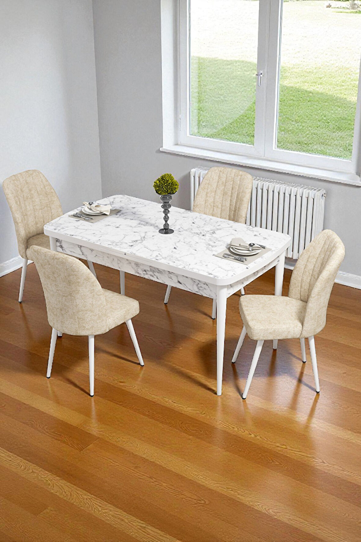 Bara Beyaz Mermer 80X132 Açılabilir Sunta Masa Yemek Odası Takımı, Mutfak Takımı 4 Adet Sandalye