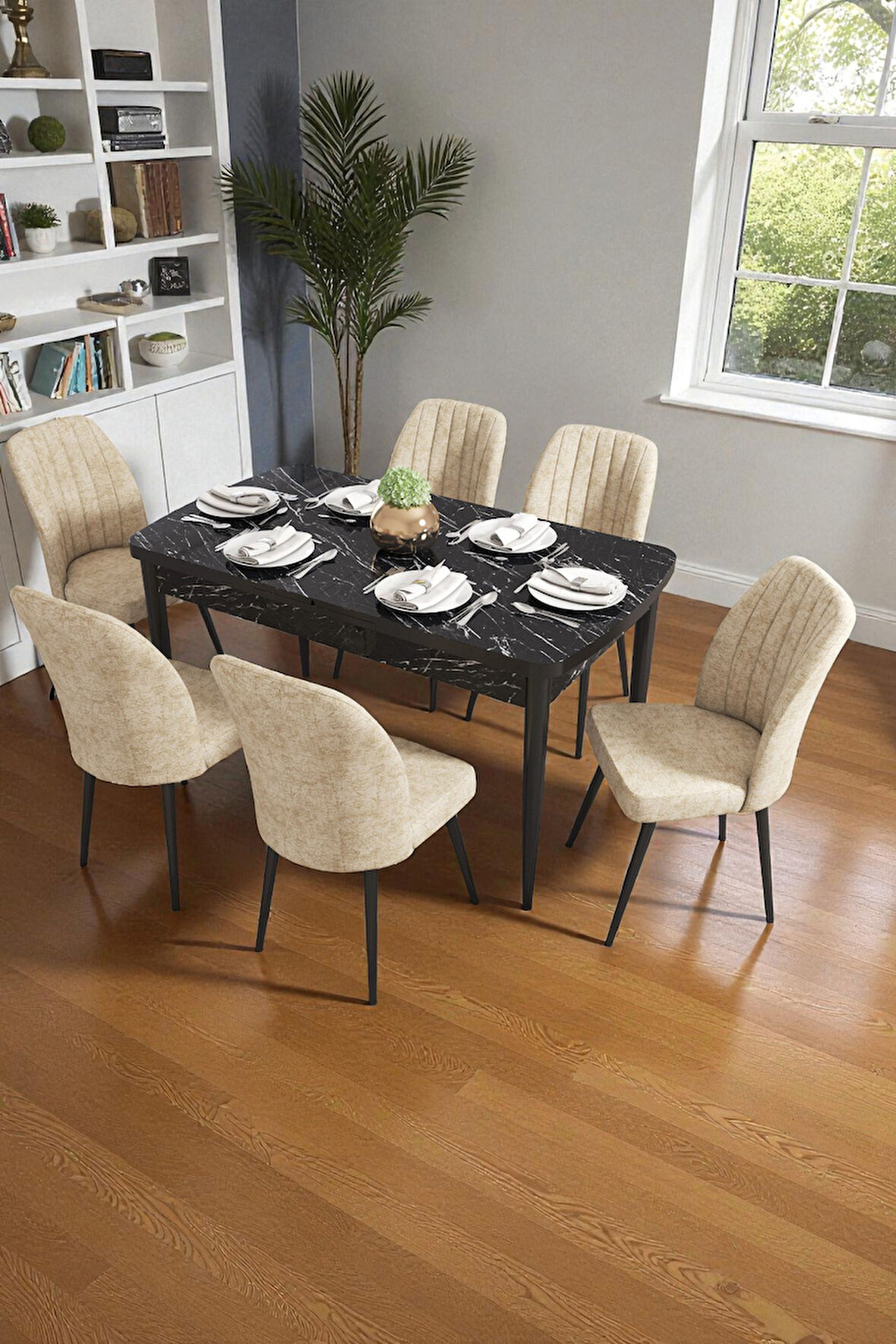 Bara Siyah Mermer 80X132 Açılabilir Sunta Masa Yemek Odası Takımı, Mutfak Takımı 6 Adet Sandalye