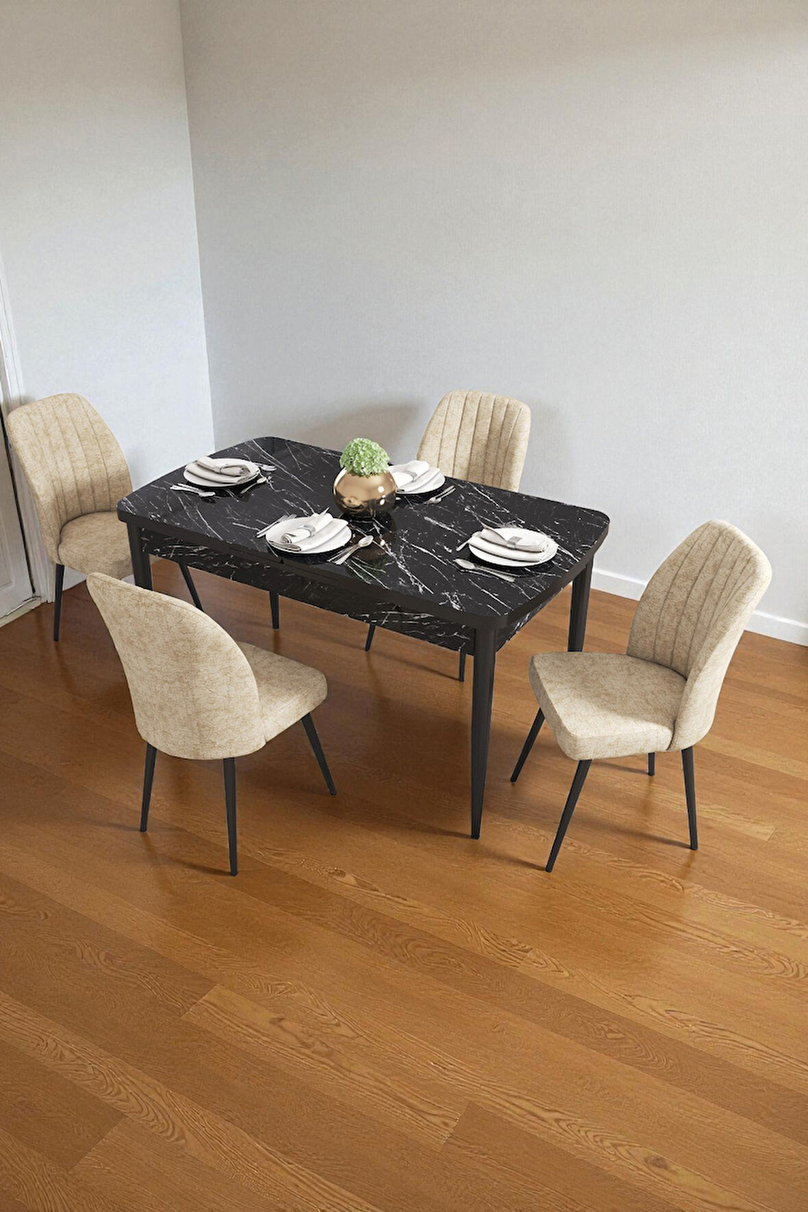 Bara Siyah Mermer 80X132 Açılabilir Sunta Masa Yemek Odası Takımı, Mutfak Takımı 4 Adet Sandalye
