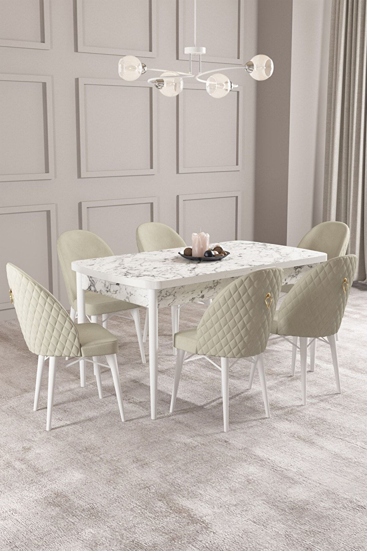 ​​​​​​​Calvin Beyaz Mermer Desen 80x132 Açılabilir Mdf Masa Yemek Odası Takımı, Mutfak Takımı 6 Adet