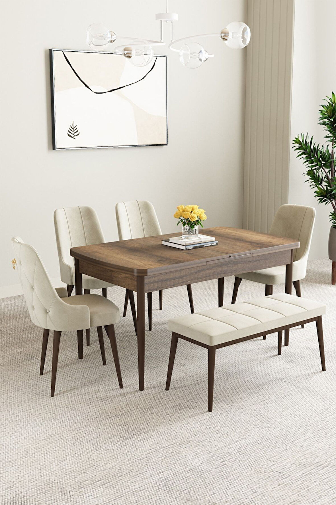 Clara Barok Desen 80x132 Açılabilir Mdf Masa Yemek Odası Takımı,Mutfak Takımı 4 Sandalye 1 Bench