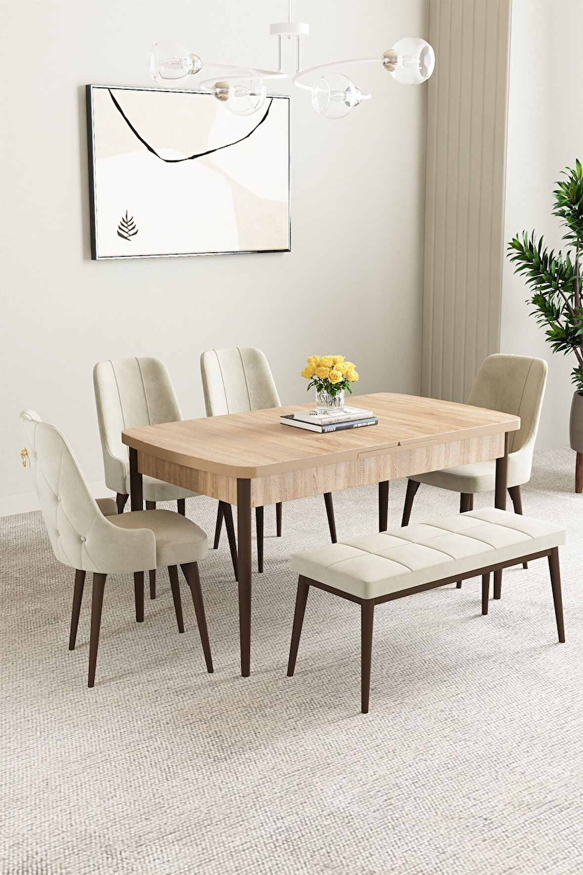 Clara Meşe Desen 80x132 Açılabilir Mdf Masa Yemek Odası Takımı,Mutfak Takımı 4 Sandalye 1 Bench