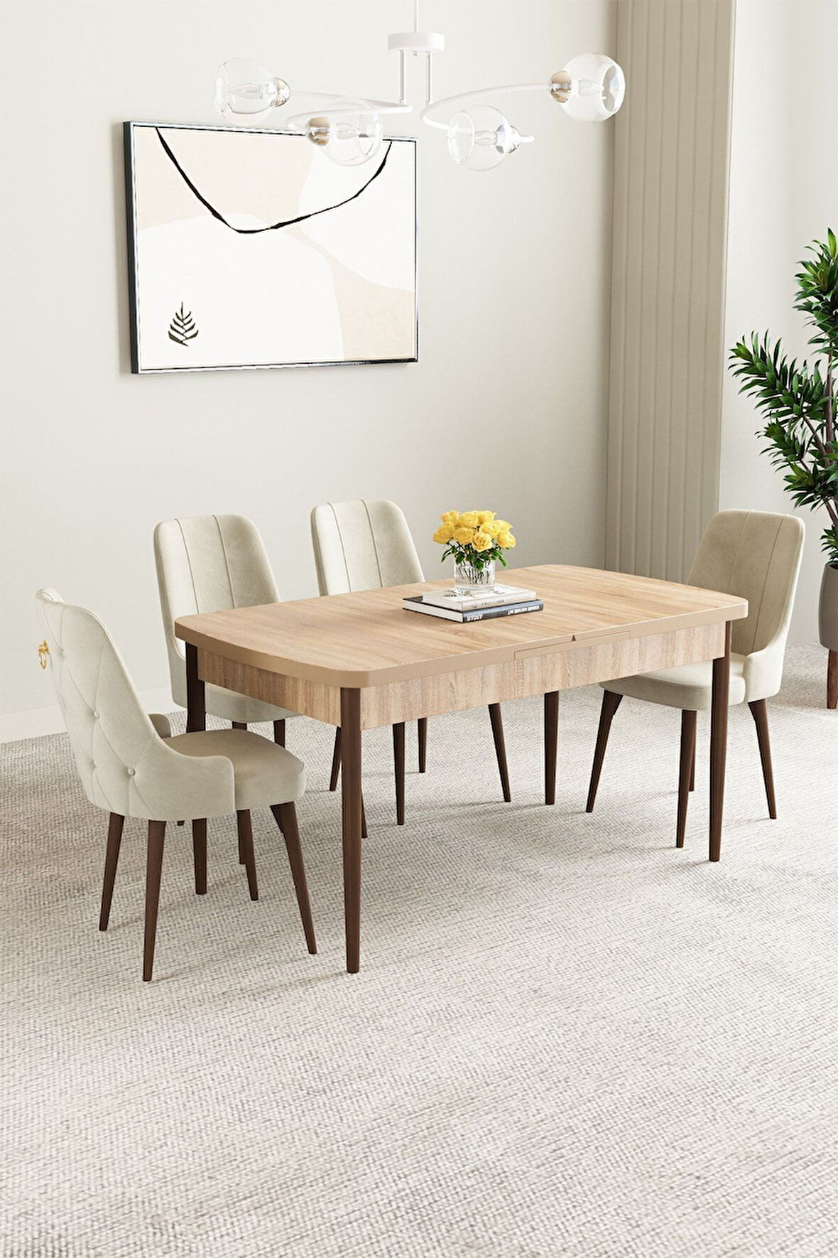 Clara Meşe Desen 80x132 Açılabilir Mdf Masa Yemek Odası Takımı,Mutfak Takımı 4 Adet Sandalye