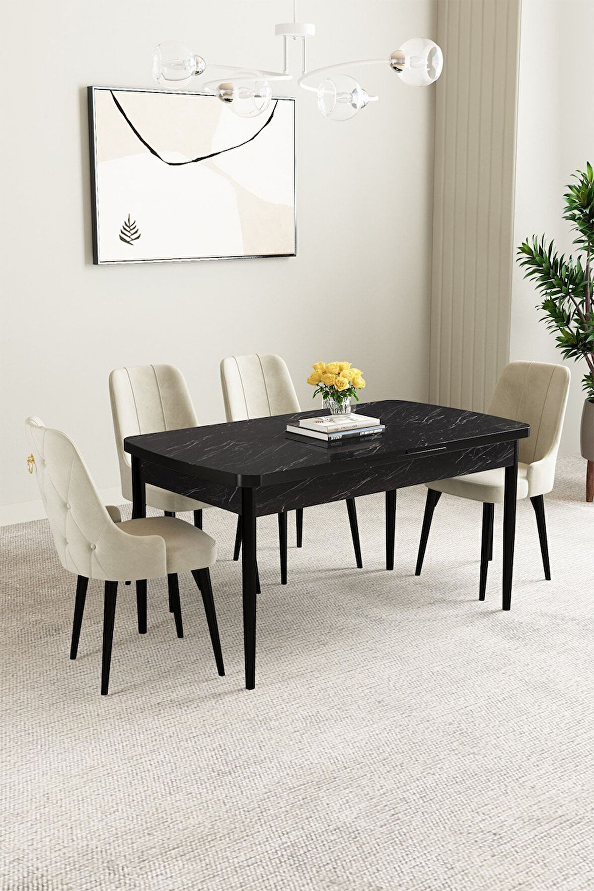 Clara Siyah Mermer Desen 80x132 Açılabilir Mdf Masa Yemek Odası Takımı,Mutfak Takımı 4 Adet Sandalye