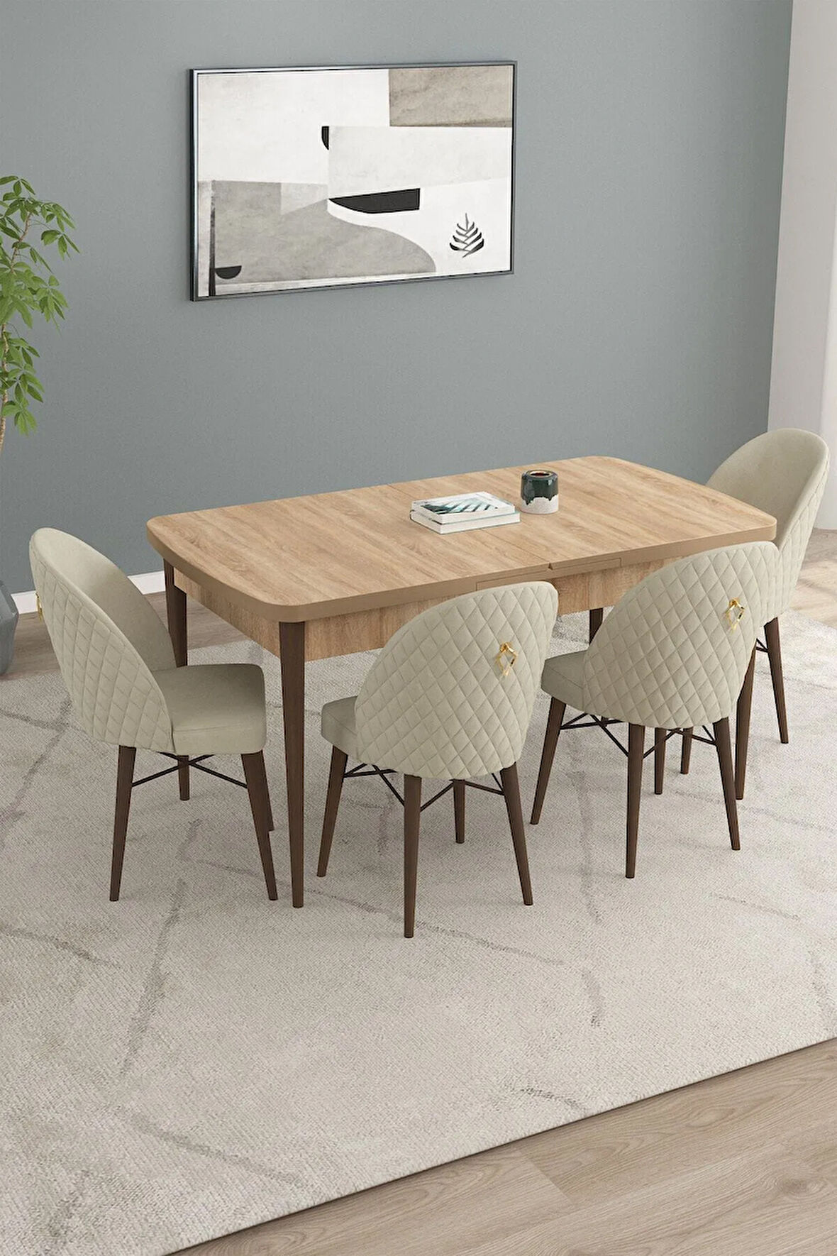 Arya Meşe Desen 80x132 MDF Açılabilir Mutfak Masası Takımı 4  Sandalye