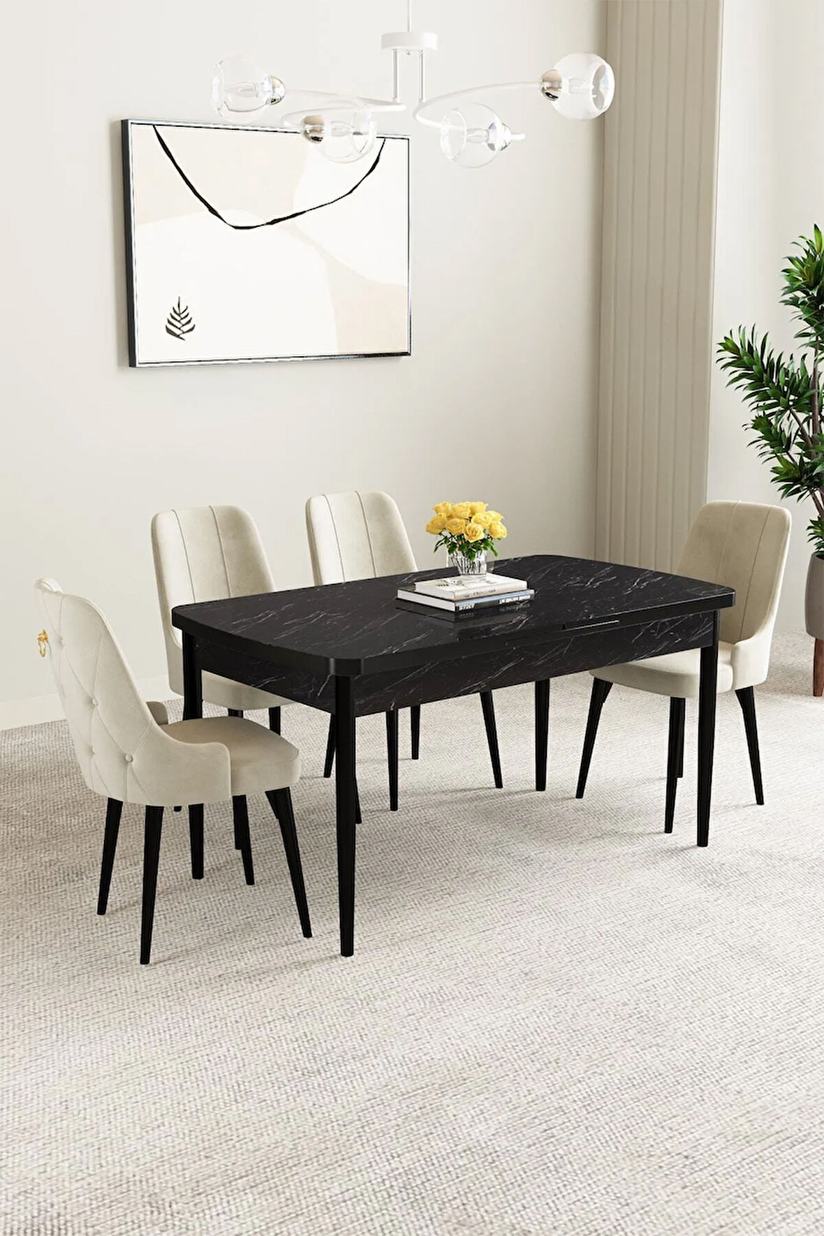 Ashira MDF Siyah Mermer Desen Açılabilir 80x132 Cm 4 Sandalyeli Mutfak Masası Takımı