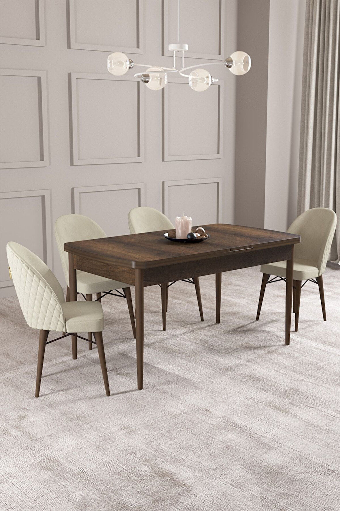 Calvin Barok Desen 80x132 Açılabilir Mdf Masa Yemek Odası Takımı, Mutfak Takımı 4 Adet Sandalye