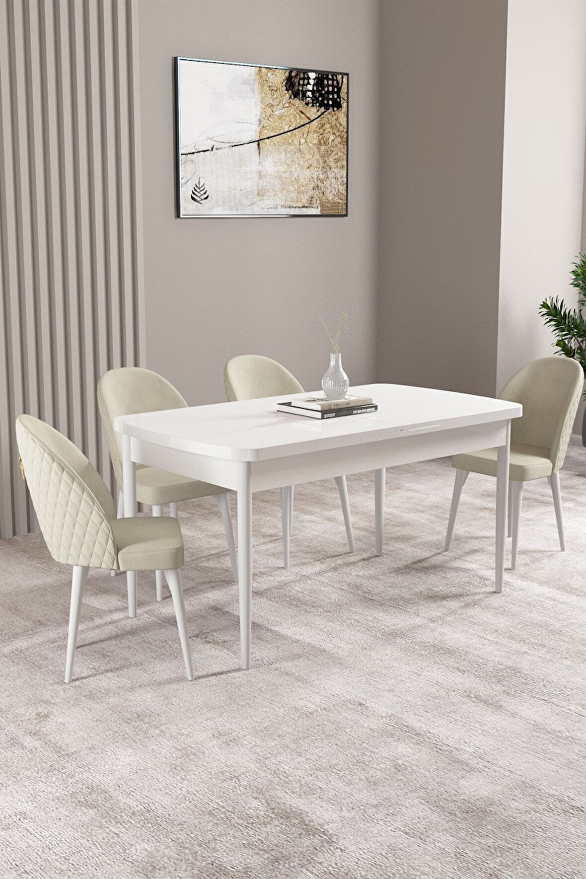 Calvin Beyaz 80x132 Açılabilir Mdf Masa Yemek Odası Takımı, Mutfak Takımı 4 Adet Sandalye