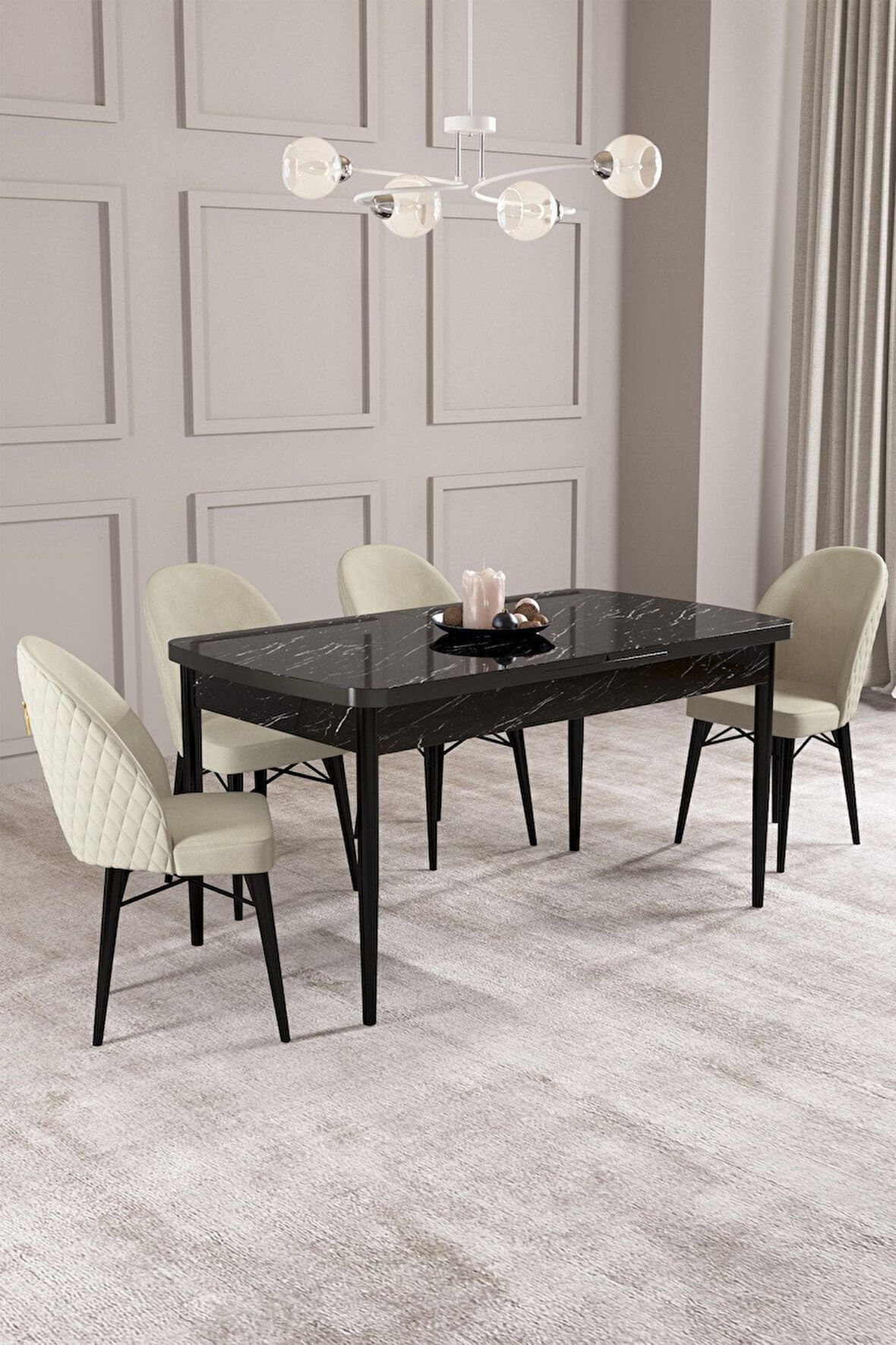 ​​​​​​​Calvin Siyah Mermer 80x132 Açılabilir Mdf Masa Yemek Odası Takımı, Mutfak Takımı 4 Adet Sanda