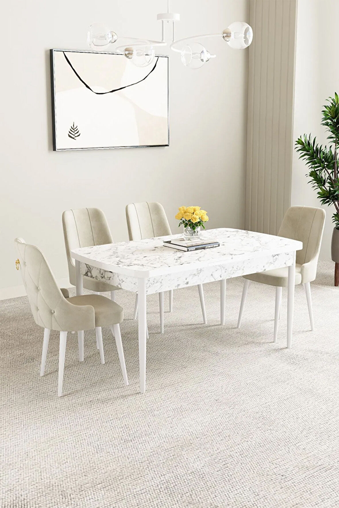 Clara Beyaz Mermer Desen 80x132 Açılabilir Yemek Odası Takımı 4  Sandalye