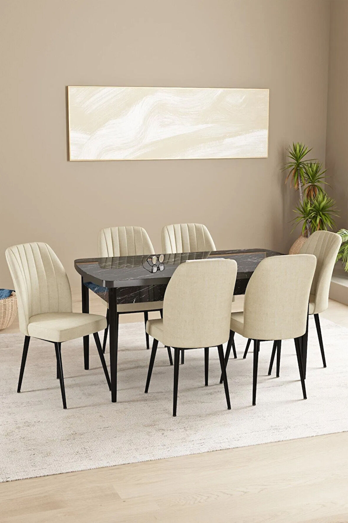 Daisy MDF Barok Desen Açılabilir 80x132 Cm 4 Sandalyeli Mutfak Masası Takımı