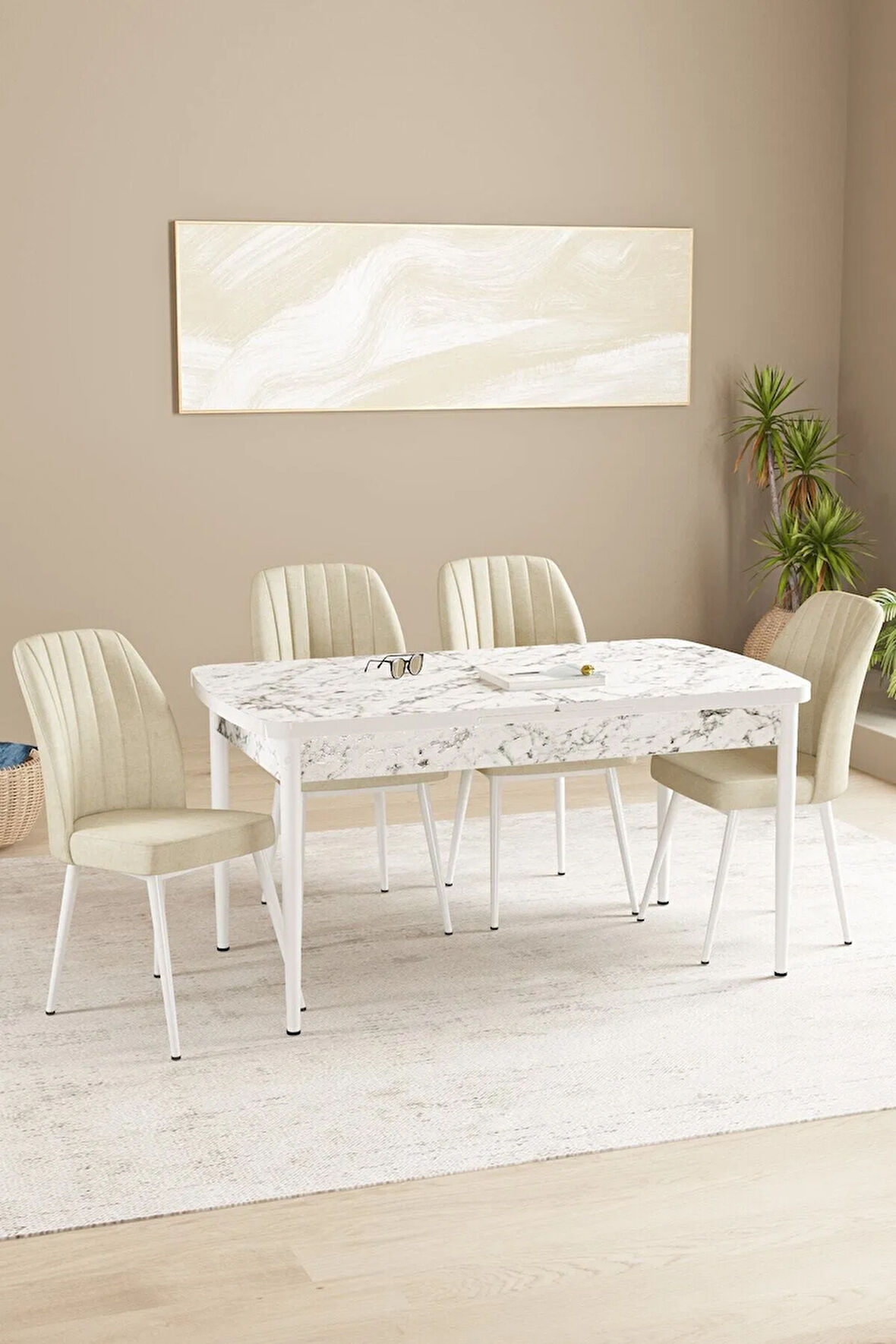 Daisy MDF Beyaz Mermer Desen Açılabilir 80x132 Cm 4 Sandalyeli Mutfak Masası Takımı