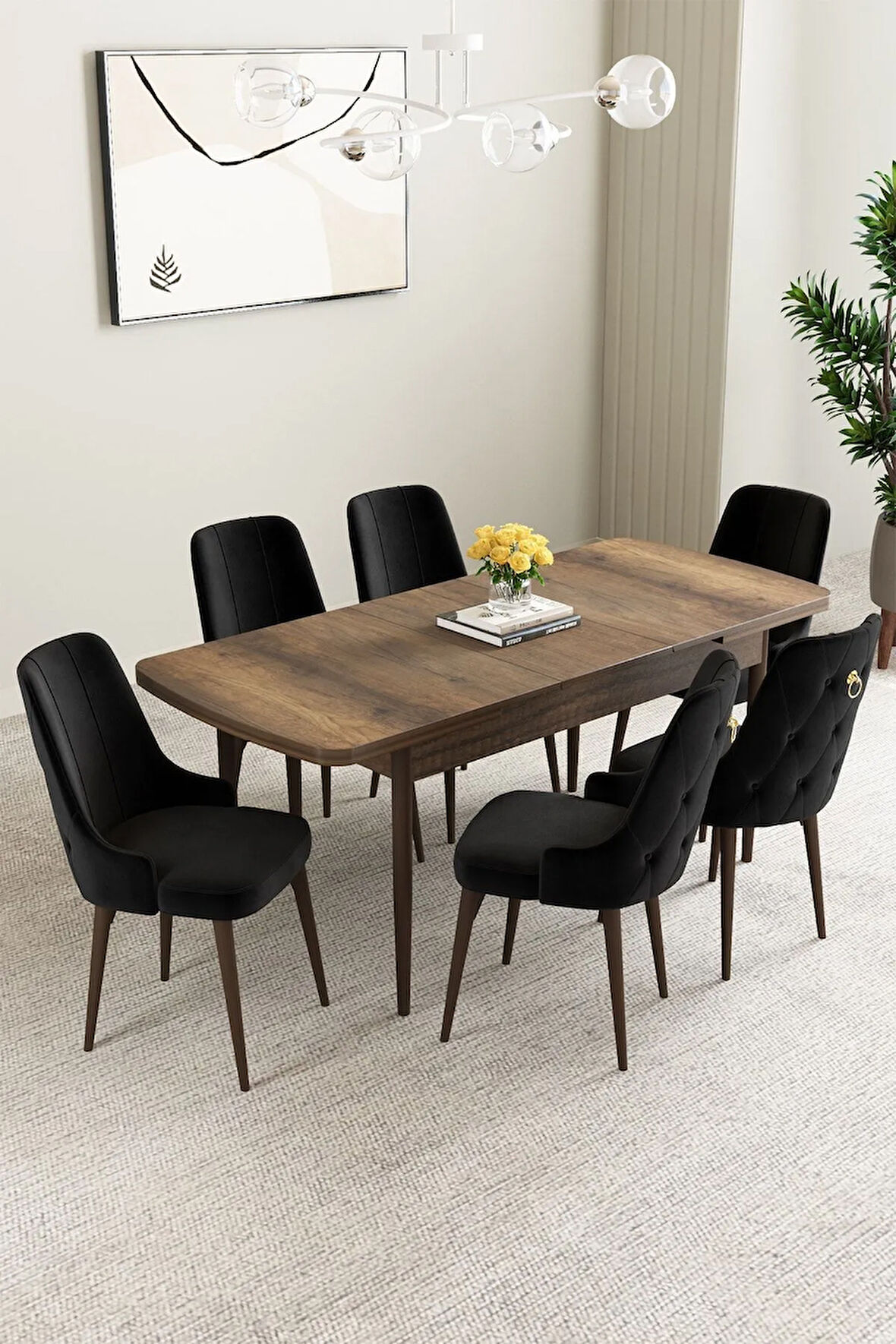 Daisy Barok Desen 80x132 Açılabilir MDF Mutfak Masa Takımı 4 Sandalye