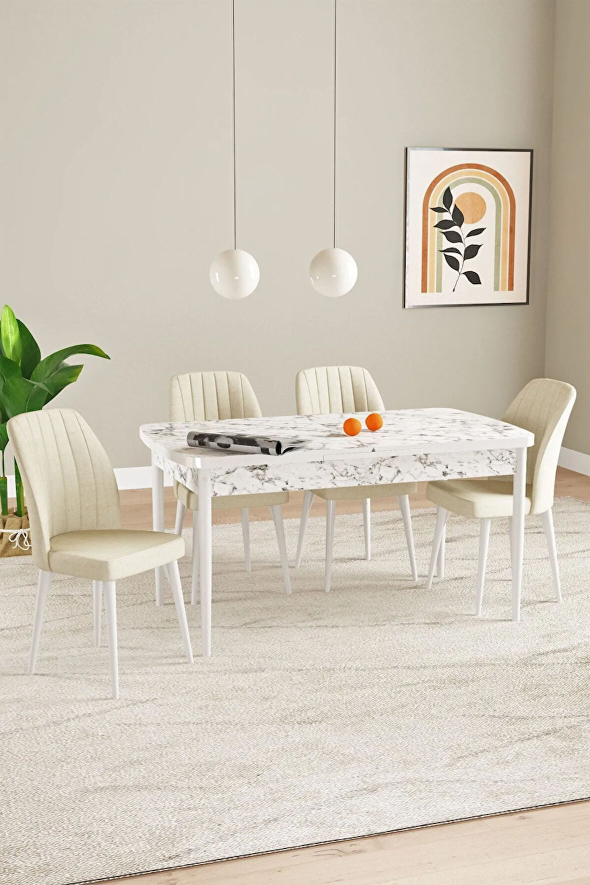 Elis Beyaz Mermer Desen 80x132 Açılabilir Masa Takımı 4  Sandalye