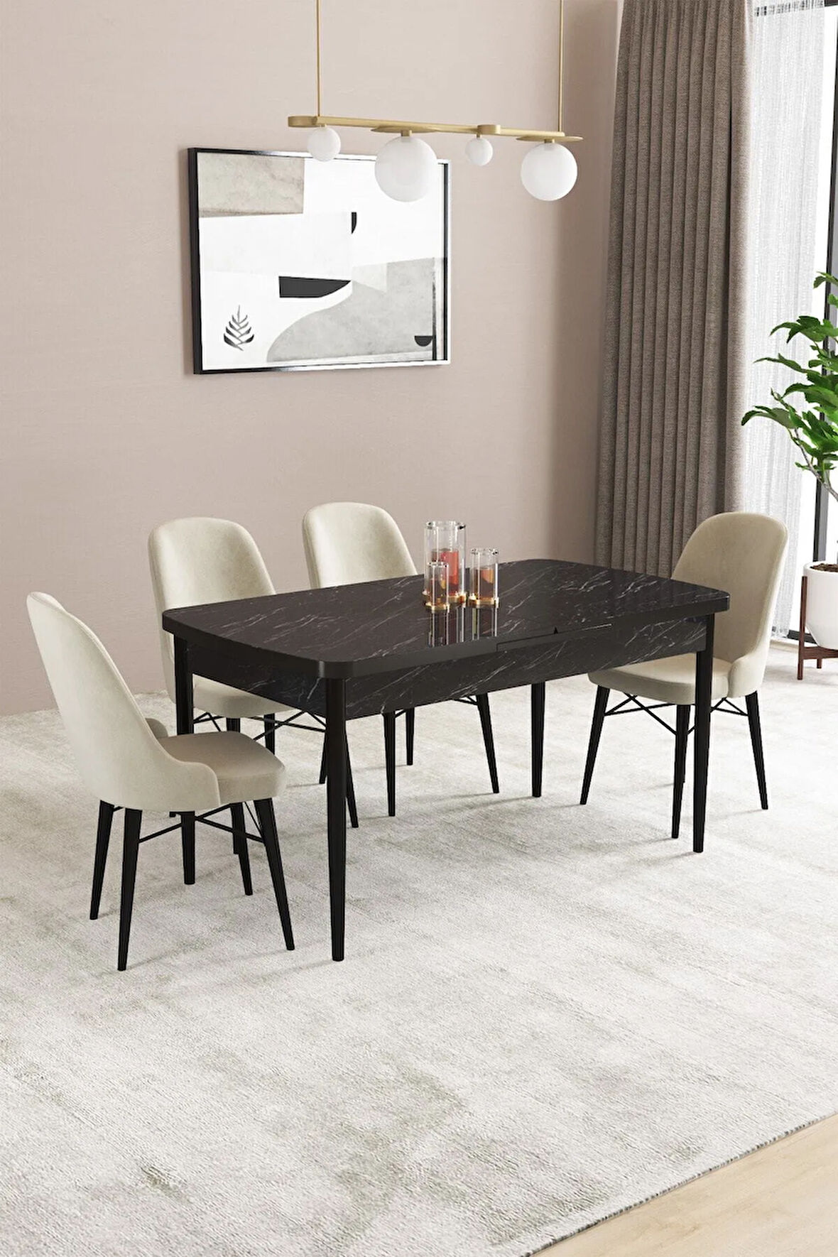 Elizya MDF Siyah Mermer Desenaçılabilir 80x132 Cm 4 Sandalyeli Mutfak Masası Takımı