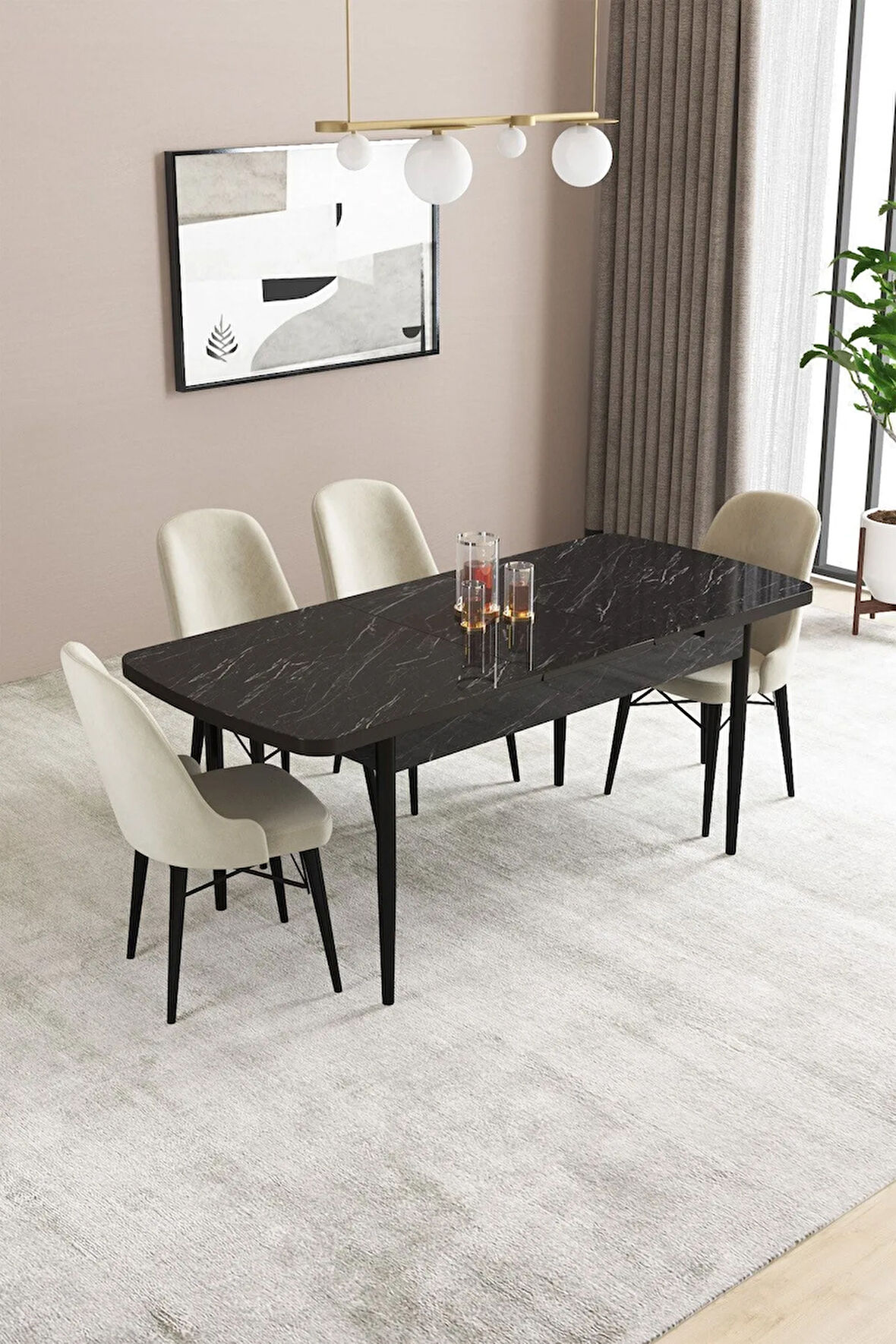 Fonza Siyah Mermer Desen 80x132 MDF Açılabilir Mutfak Masası Takımı 4  Sandalye